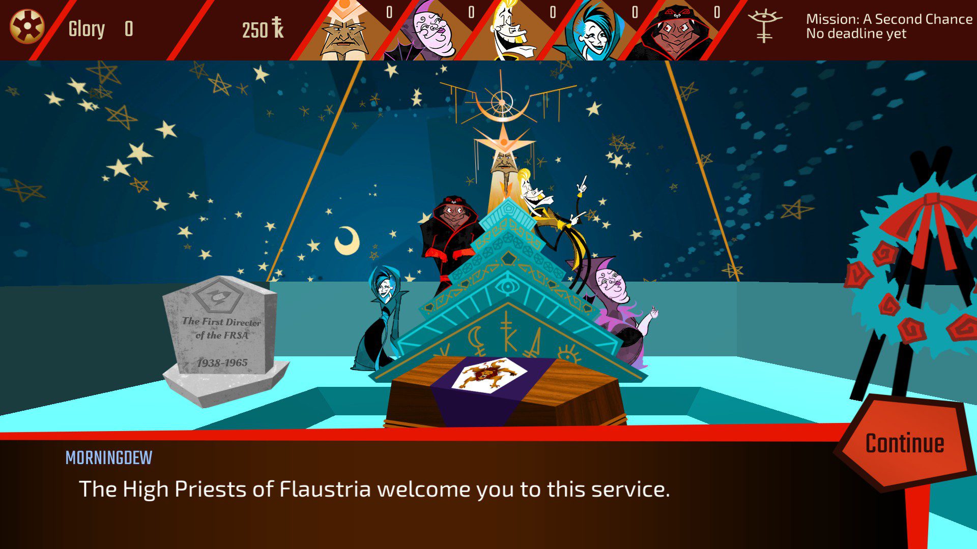 The weird-looking five high priests welcoming you to your post.