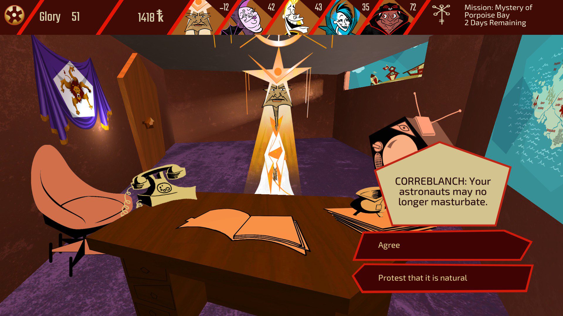 High Priest Correblanch with his insane hat asking the player to prohibit the cadets from masturbating