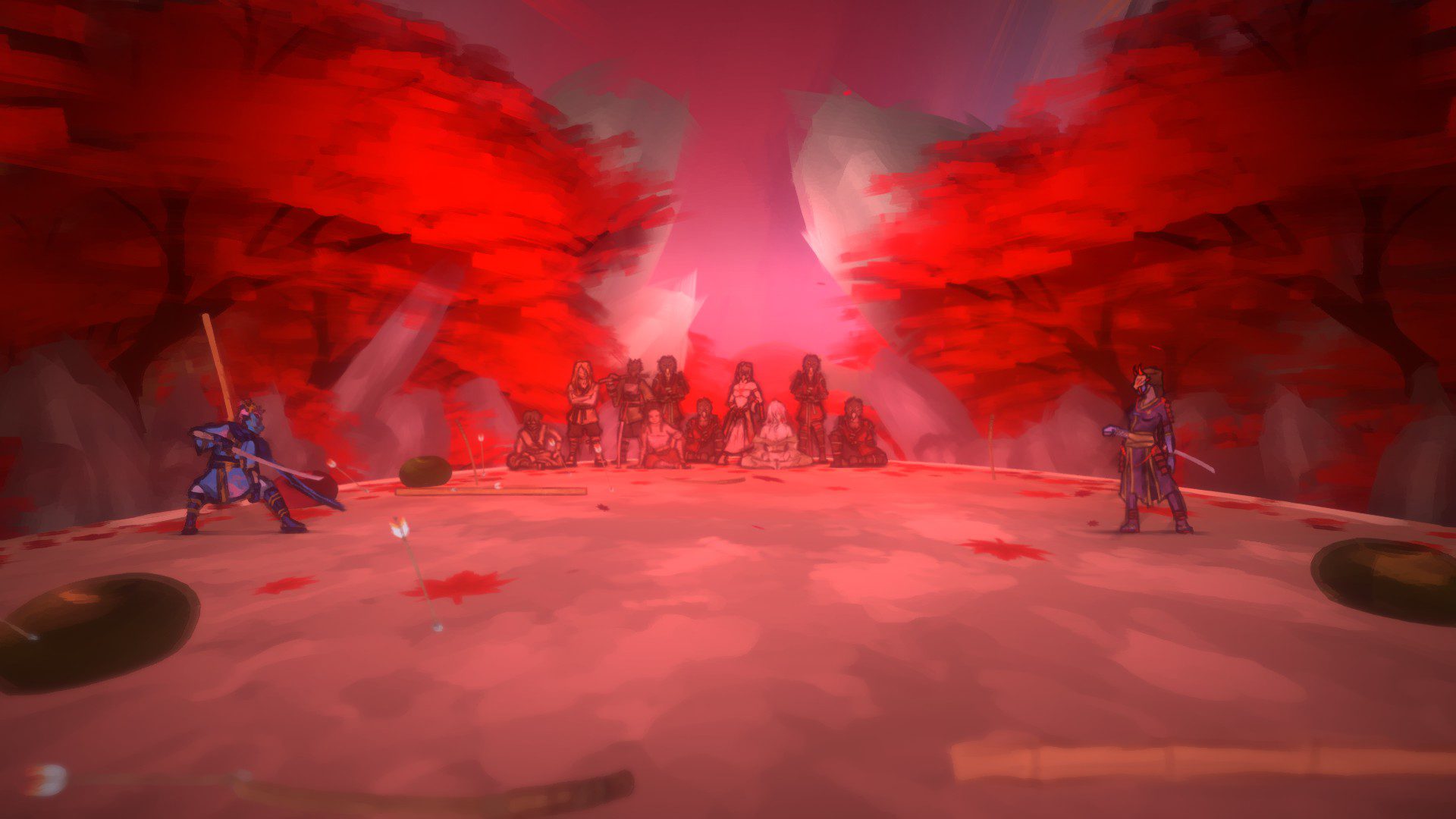 SclashPretty Jinmu on the right with the blade, Susano on the right standing tall, both ready to battle with a beautiful reddish background