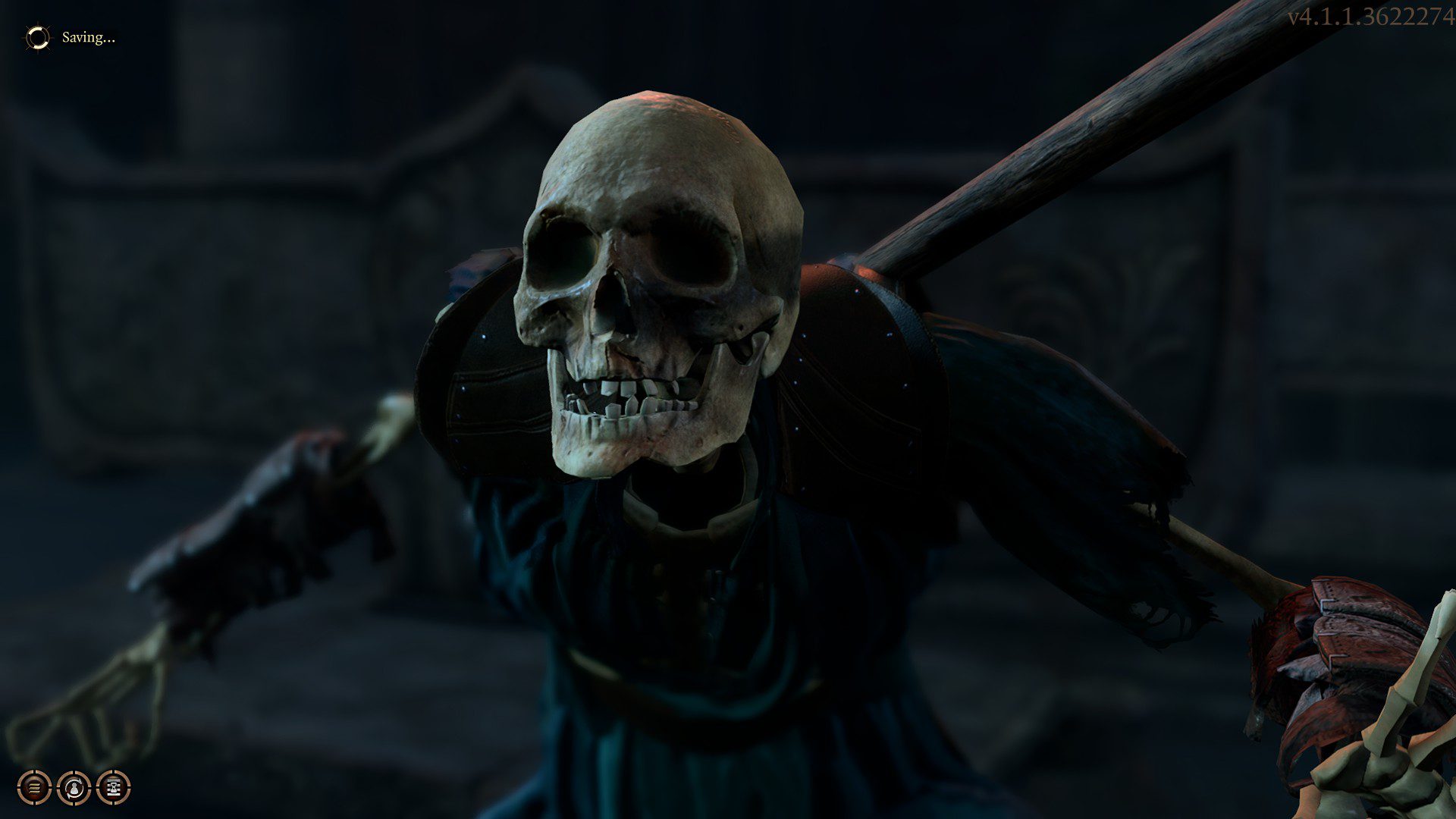 A skeleton in Baldur's Gate 3 with a staff on his back