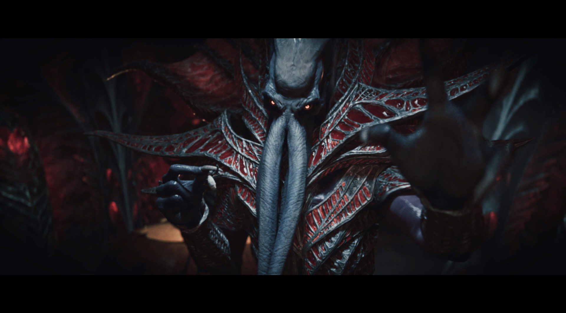 A mind flayer preparing to insert a tadpole into his victim's eye.