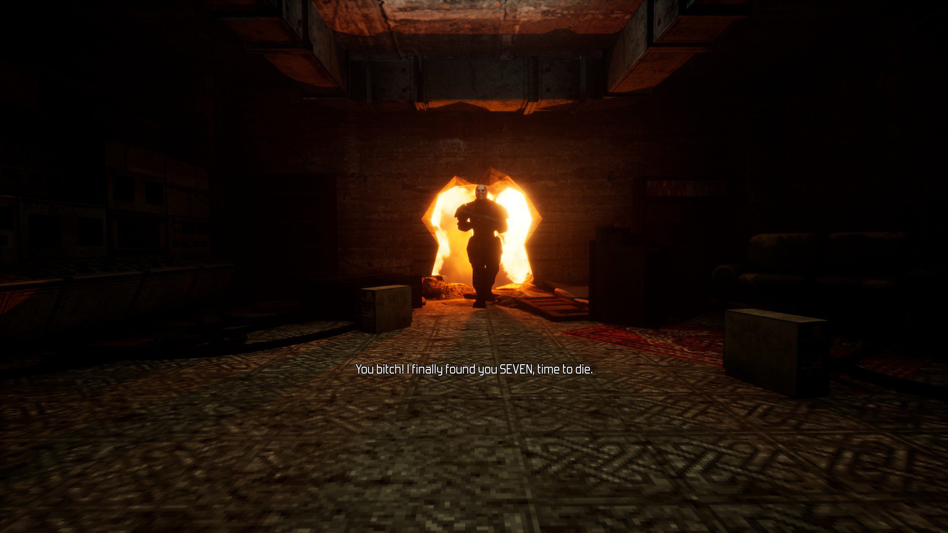 A robot soldier sent after the player character calling them a bitch and telling them it is time to die.