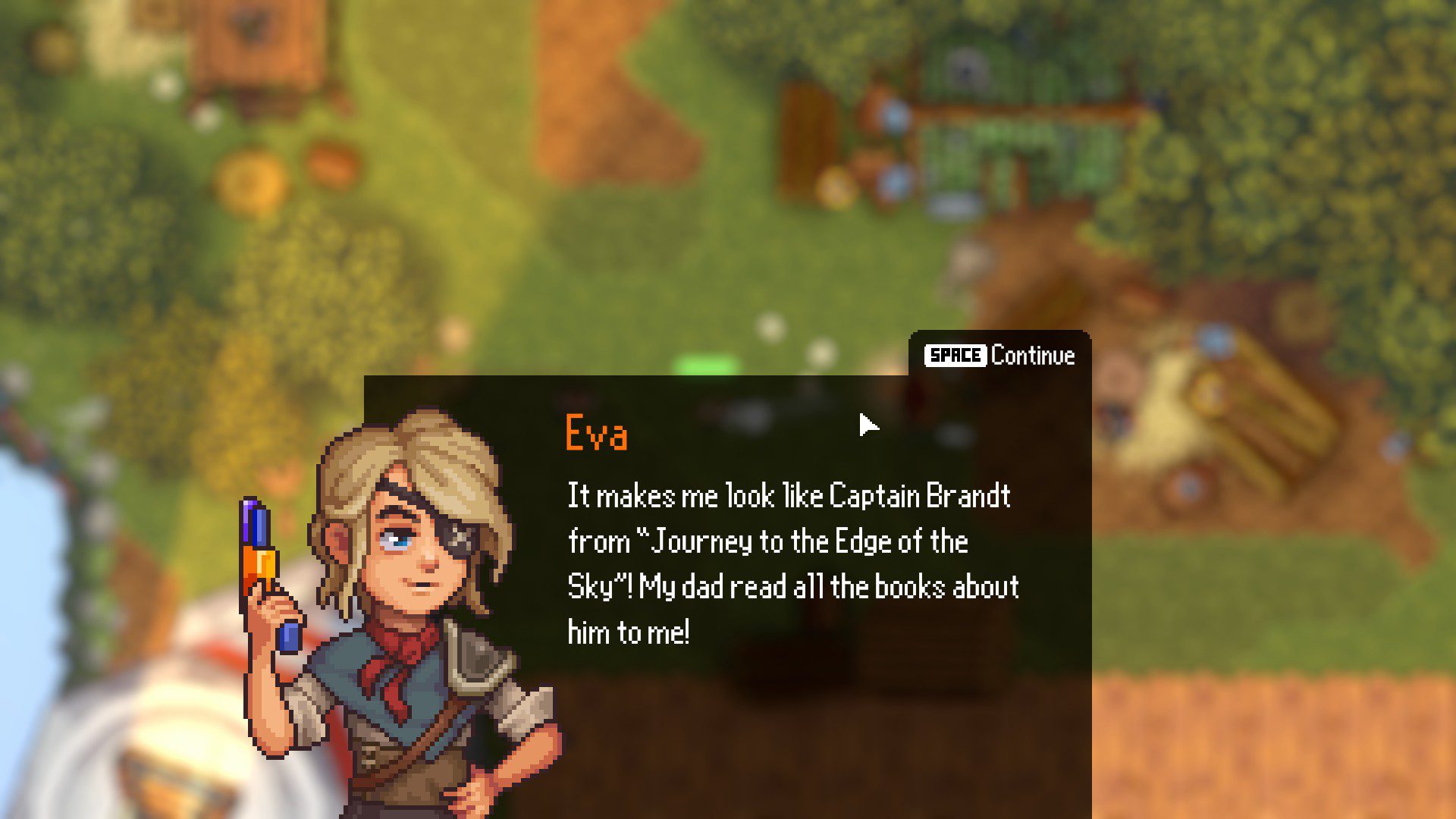 Black Skylands Screenshot 01 Black Skylands' Protagonist, Eva, with a pirate eyepatch.