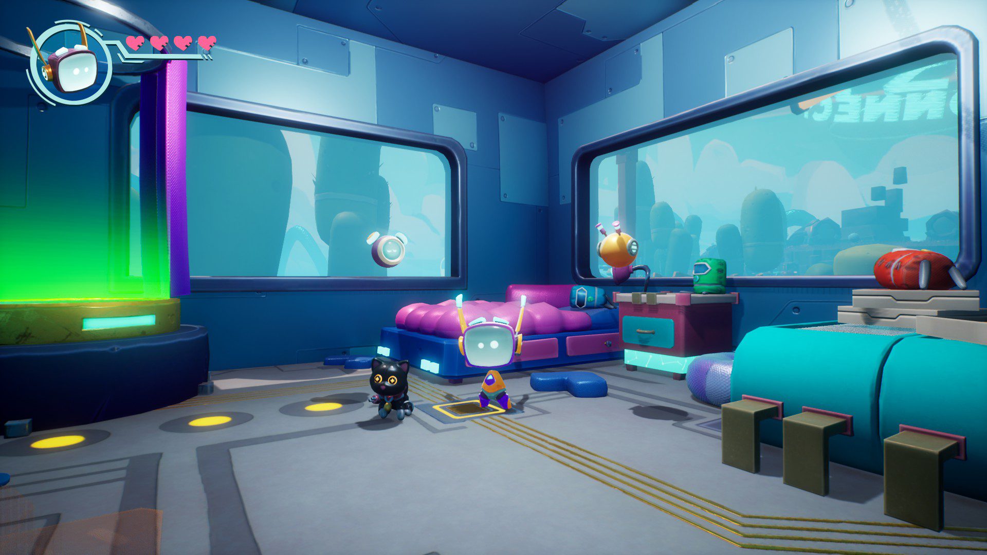 BotiKitty Boti standing next to a black cat in a building