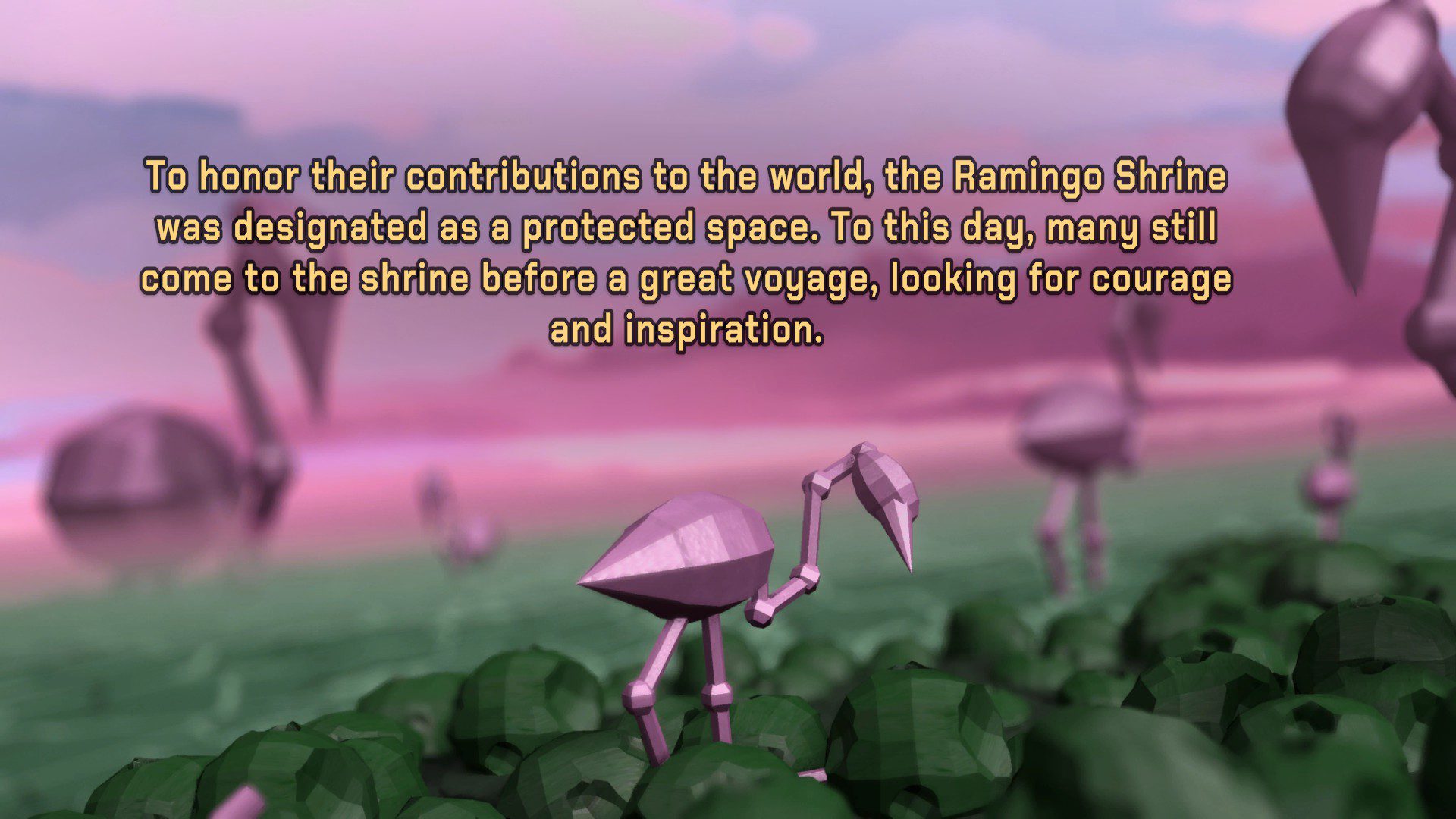 In the background, big flamingo statues. The text reads: "To honor their contributions to the world, the Ramingo Shrine was designated as a protected space. To this day, many still come to the shrine before a great voyage, looking for courage and inspiration."