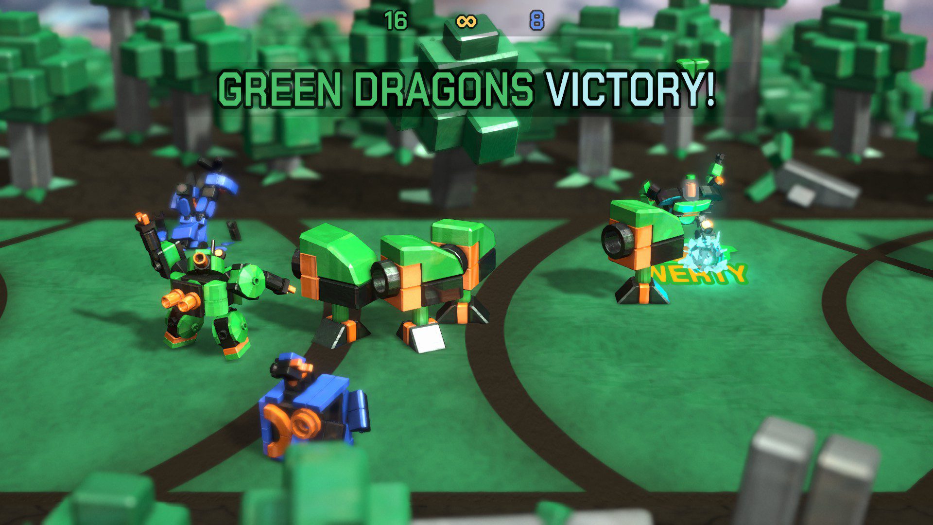 A victory screen with three turrets on the player team