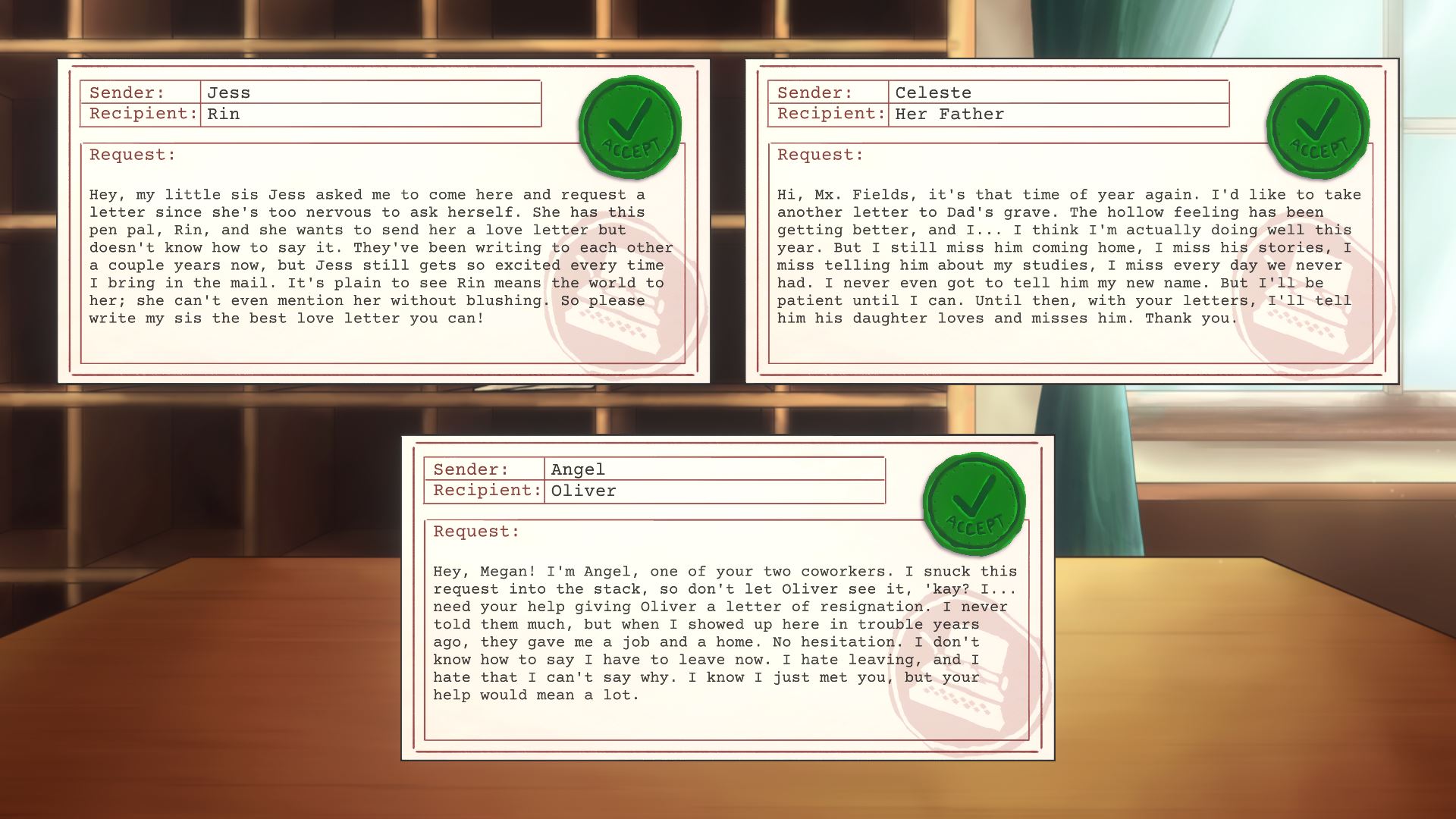 Letter requests in the game Every Letter