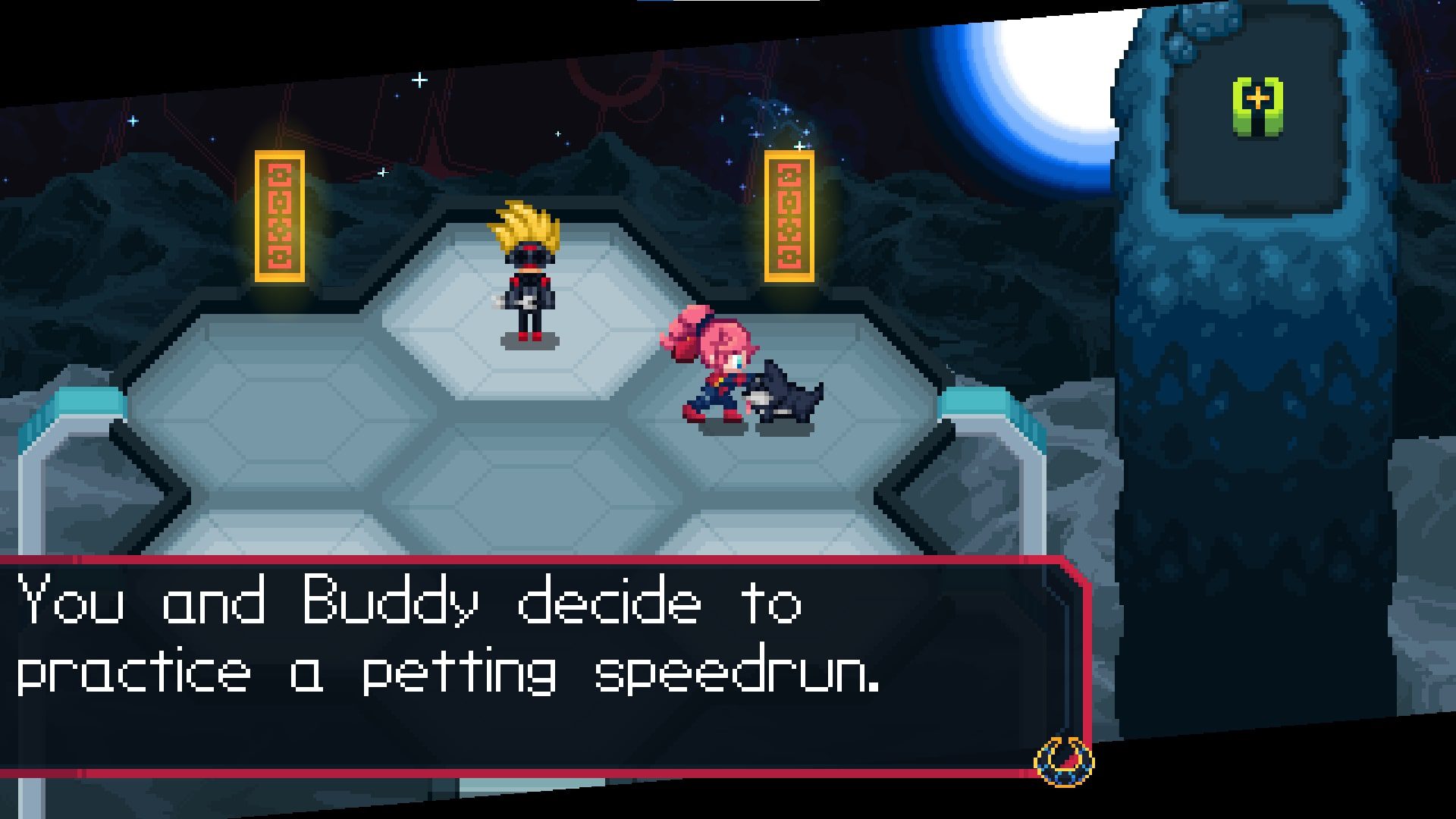 Bella petting a dog. Text underneath says they are practicing a petting speedrun.