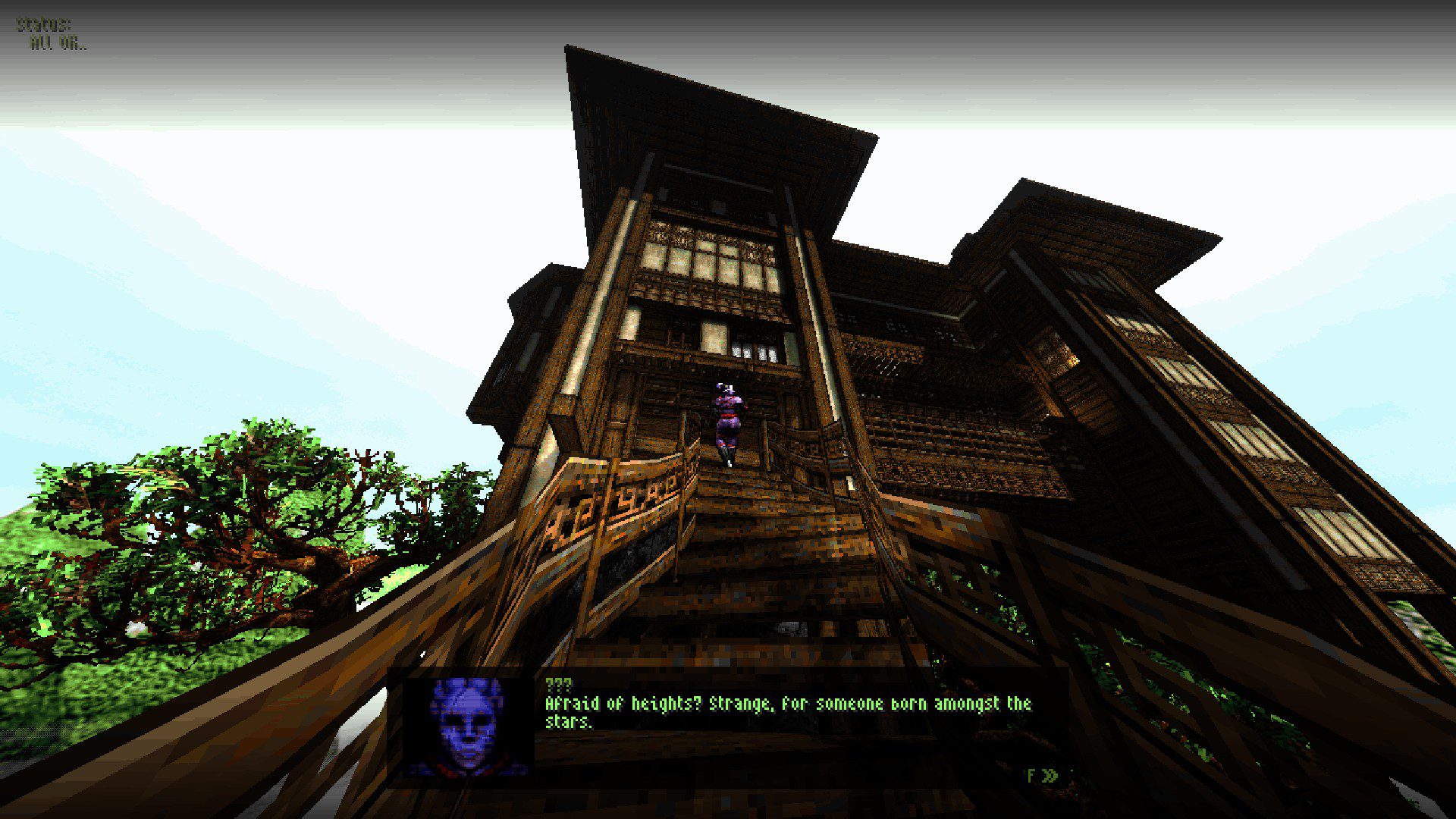 A tutorial character saying "Afraid of heights? Strange, for someone born amongst the stars."