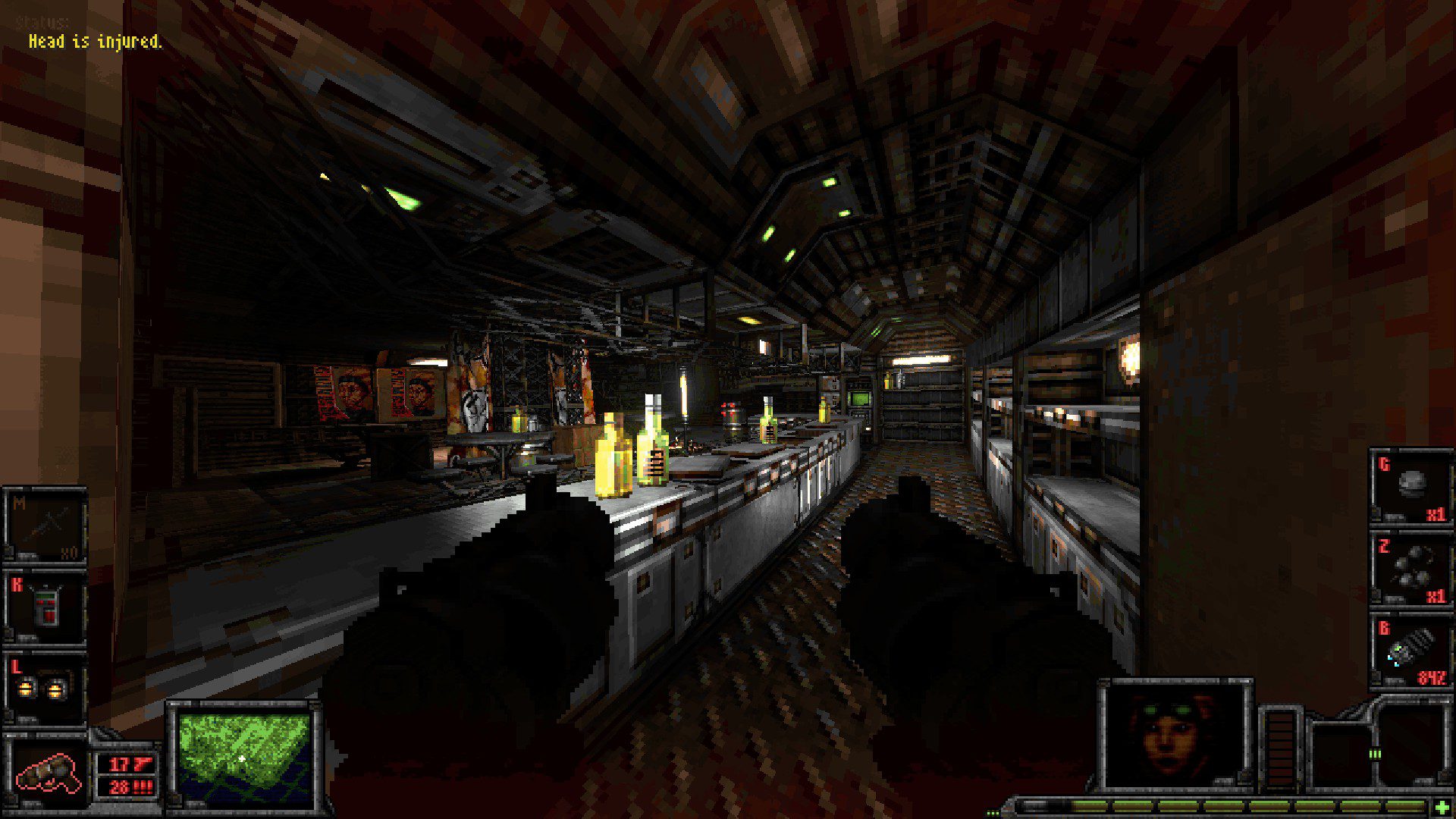 A screenshot showcasing a bar location, with bottles and posters of different colors laid about. Showcases UI, laid in the bottom right and left, full of gadgets and Mozah's face