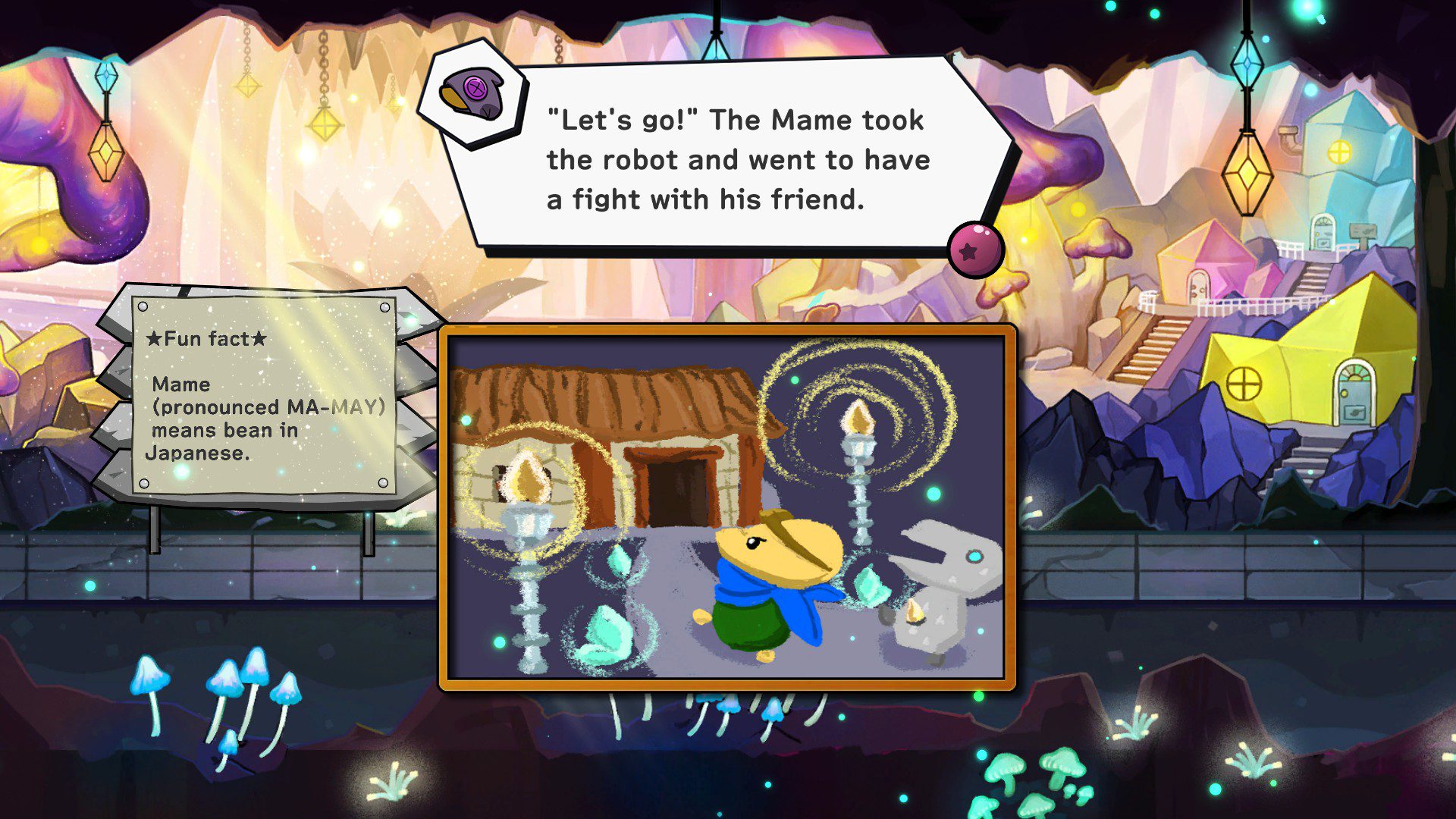 IgniStart The hooded Mame describing a scene of the little Mame with its robot going into the protagonist's house