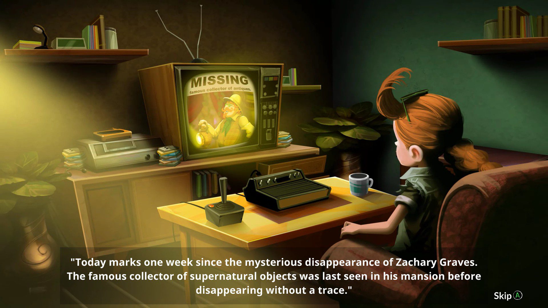 HauHIntro The protagonist reading the news of her relative disappearing, an Atari console lays on the table