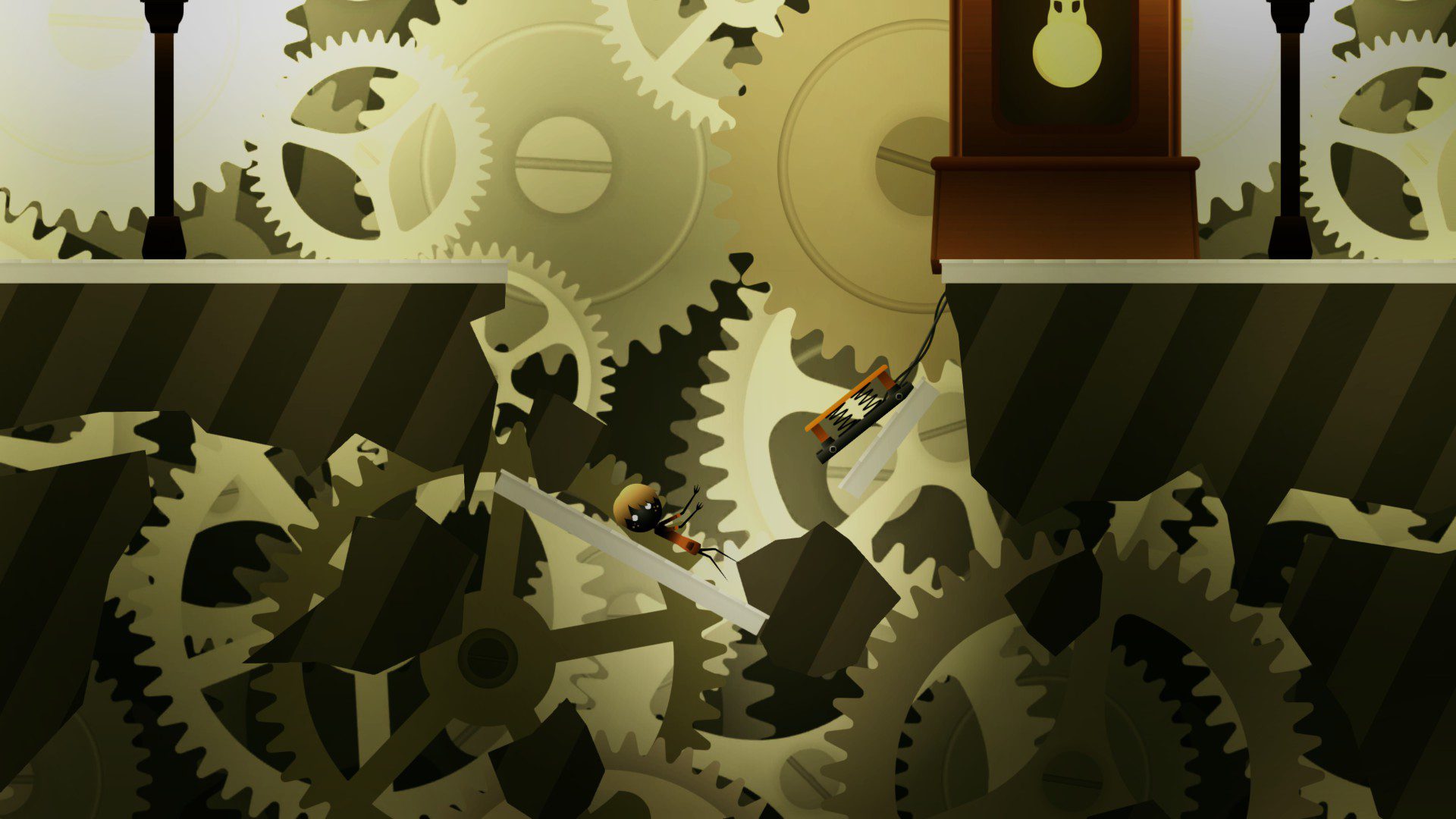 In His Time the main character Olly falling through a background of gears.