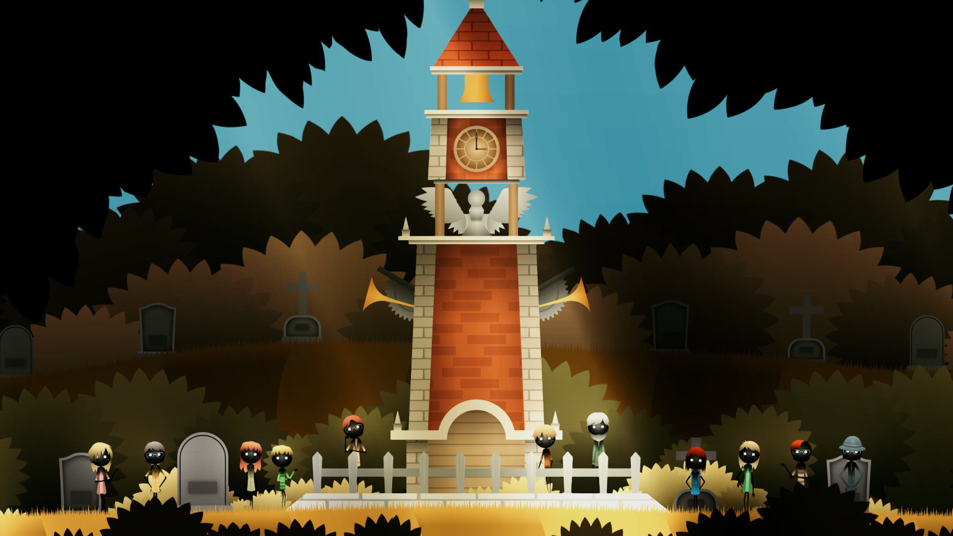 In His Time final scene, showing a large clock tower and people gathered around it.