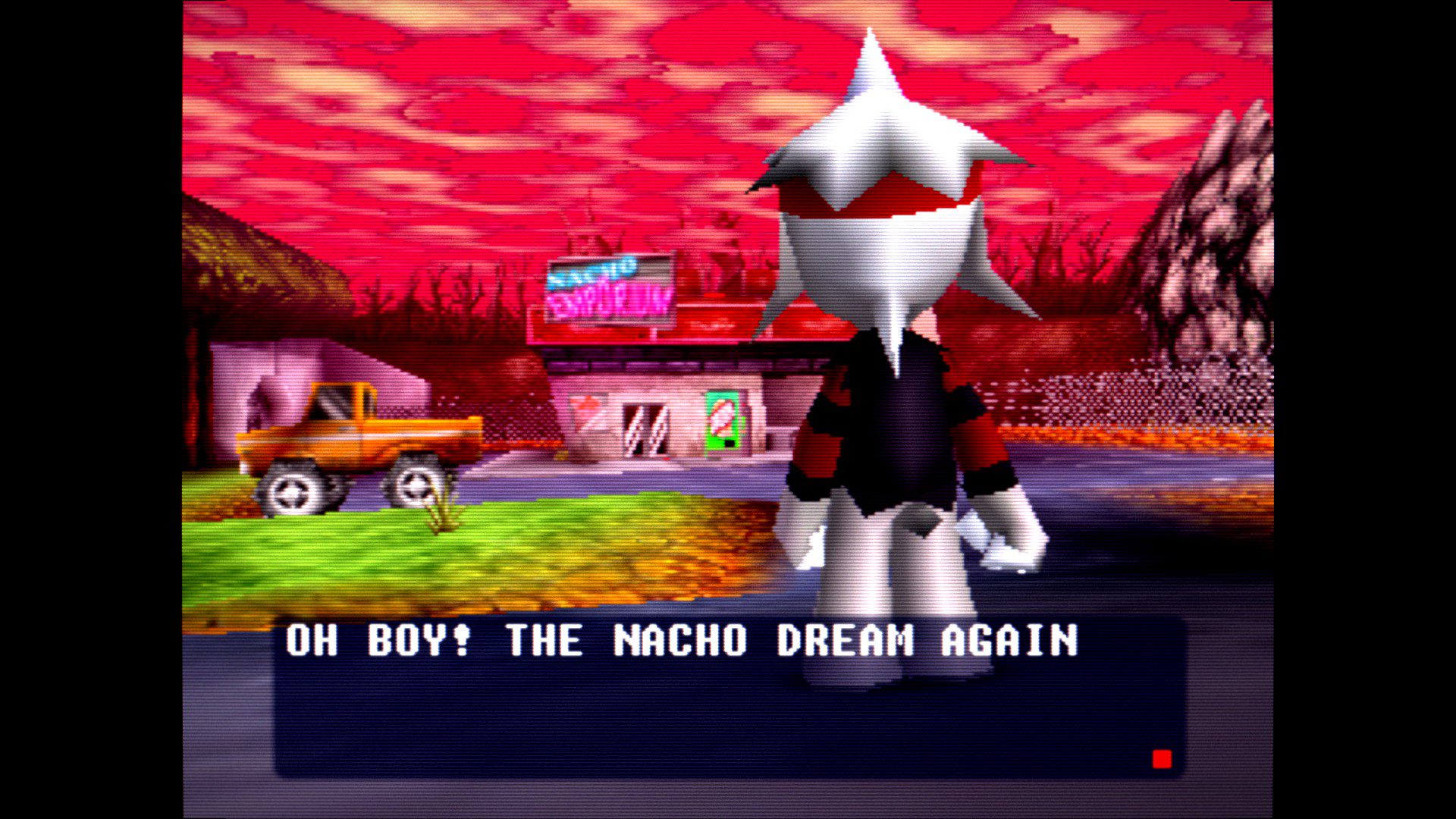 CK64Nachos Protagonist standing in front of a dreamy gas station, text reads "Oh boy! The nacho dream again!"