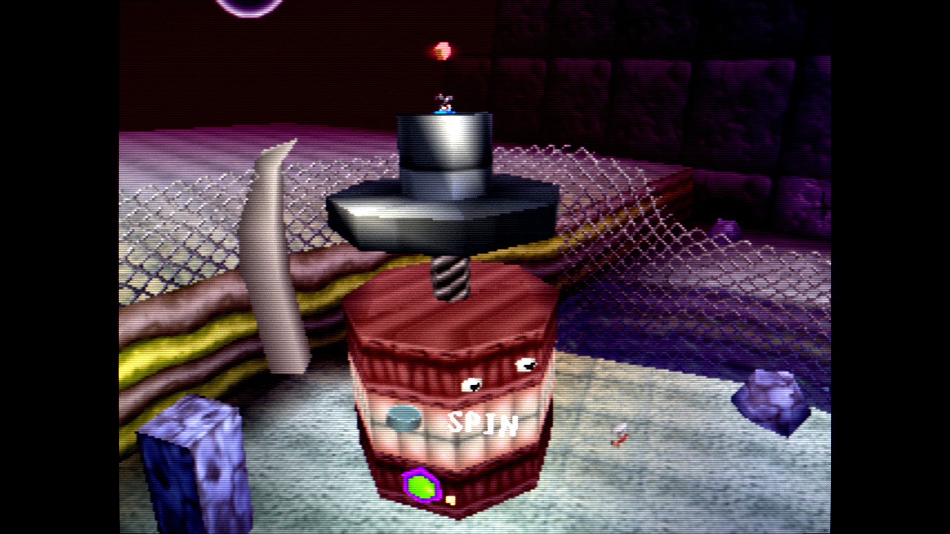 CK64Spin Spinning up on some object, lifting the player character up as they unscrew a bolt on top of the object