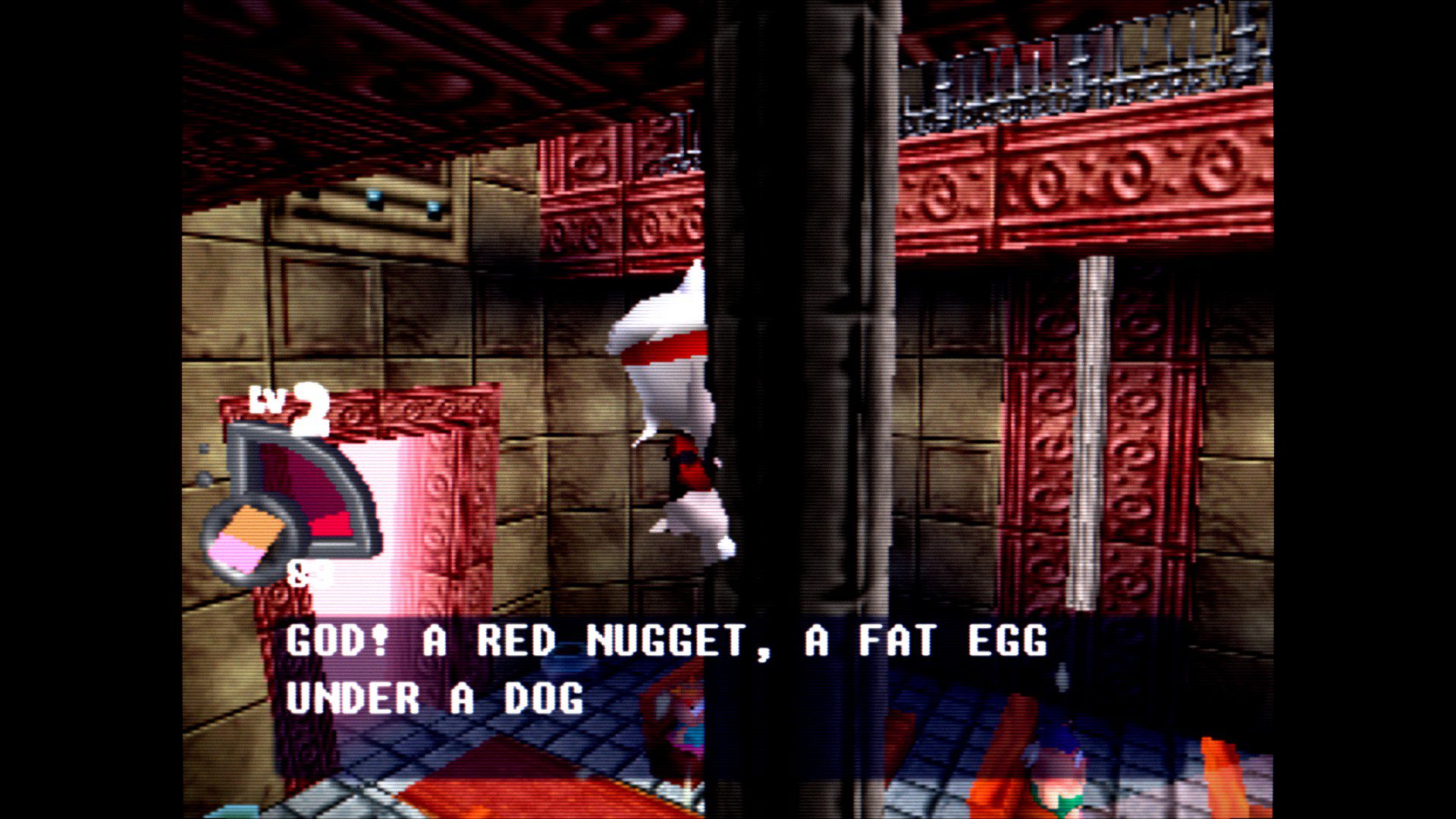 CK64Church Protagonist holding onto a pillar inside a church-looking location. Text reads "God! A red nugget, a fat egg under a dog"