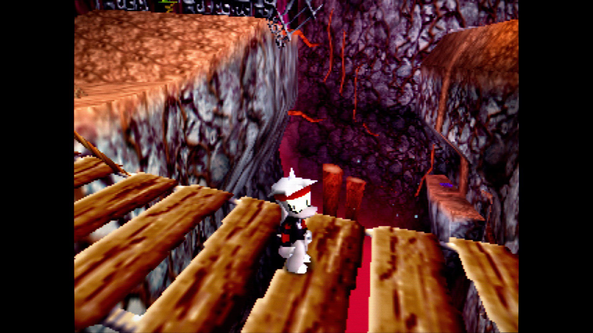 CK64Red Main character standing on a bridge above a precipice emitting red light. Platforms visible below.