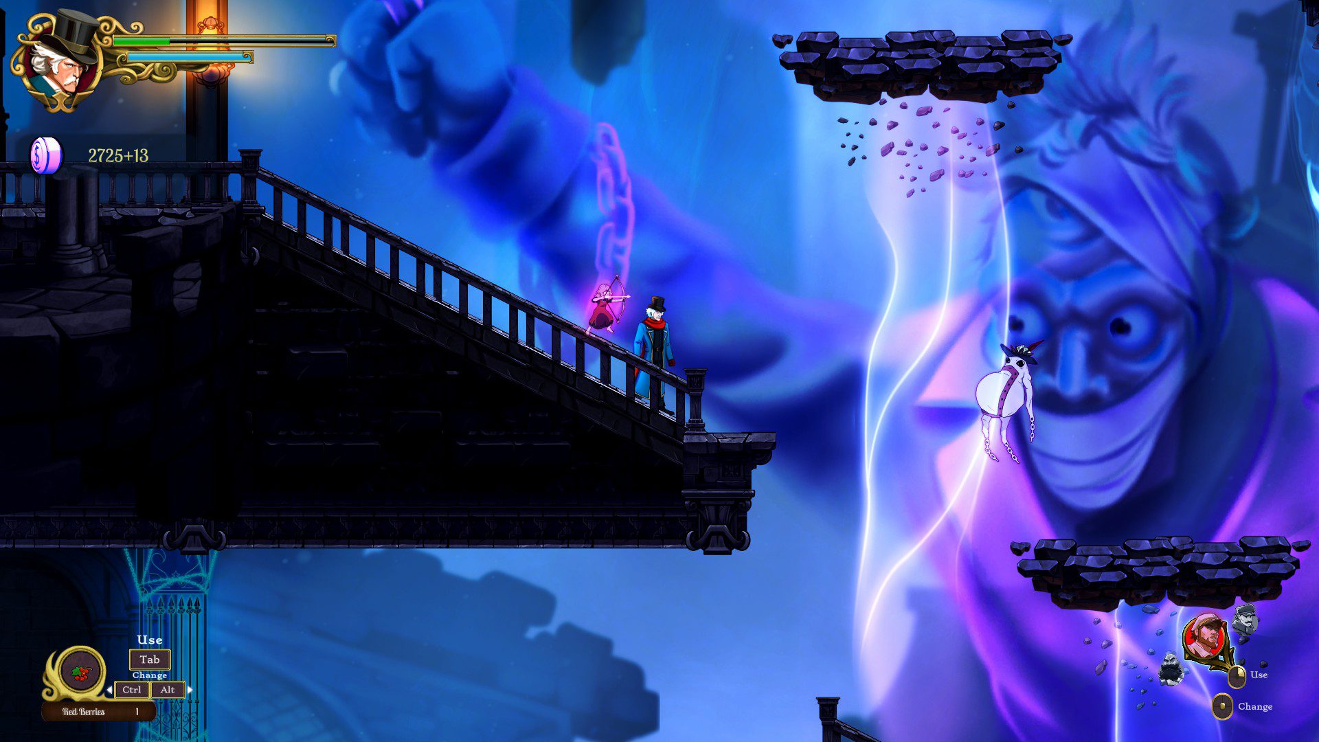 On the left: Ebenezer and the flying ghost orphan archer. On the right: a giant ghost staring them down