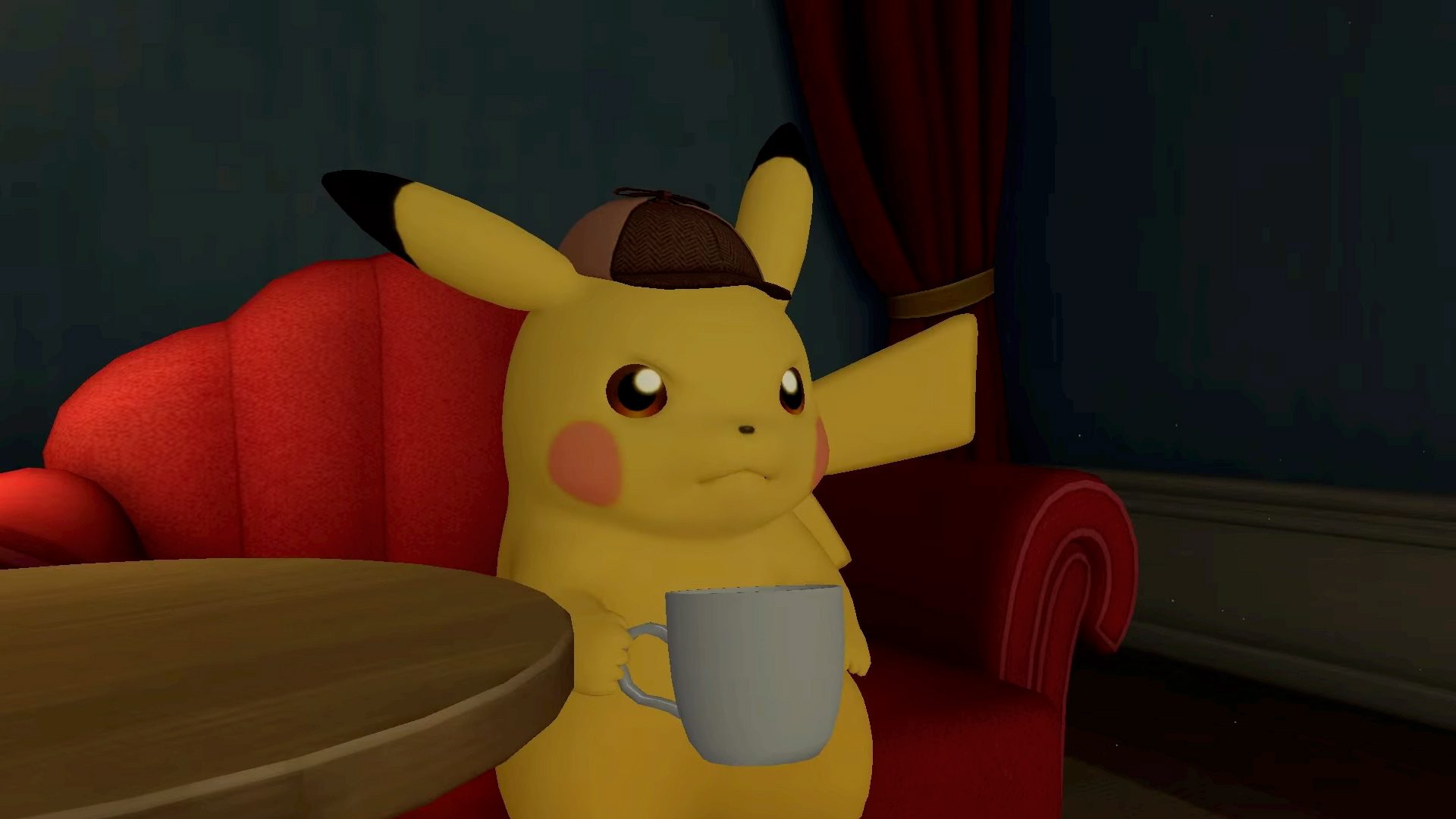 Detective Pikachu Returns drinking coffee