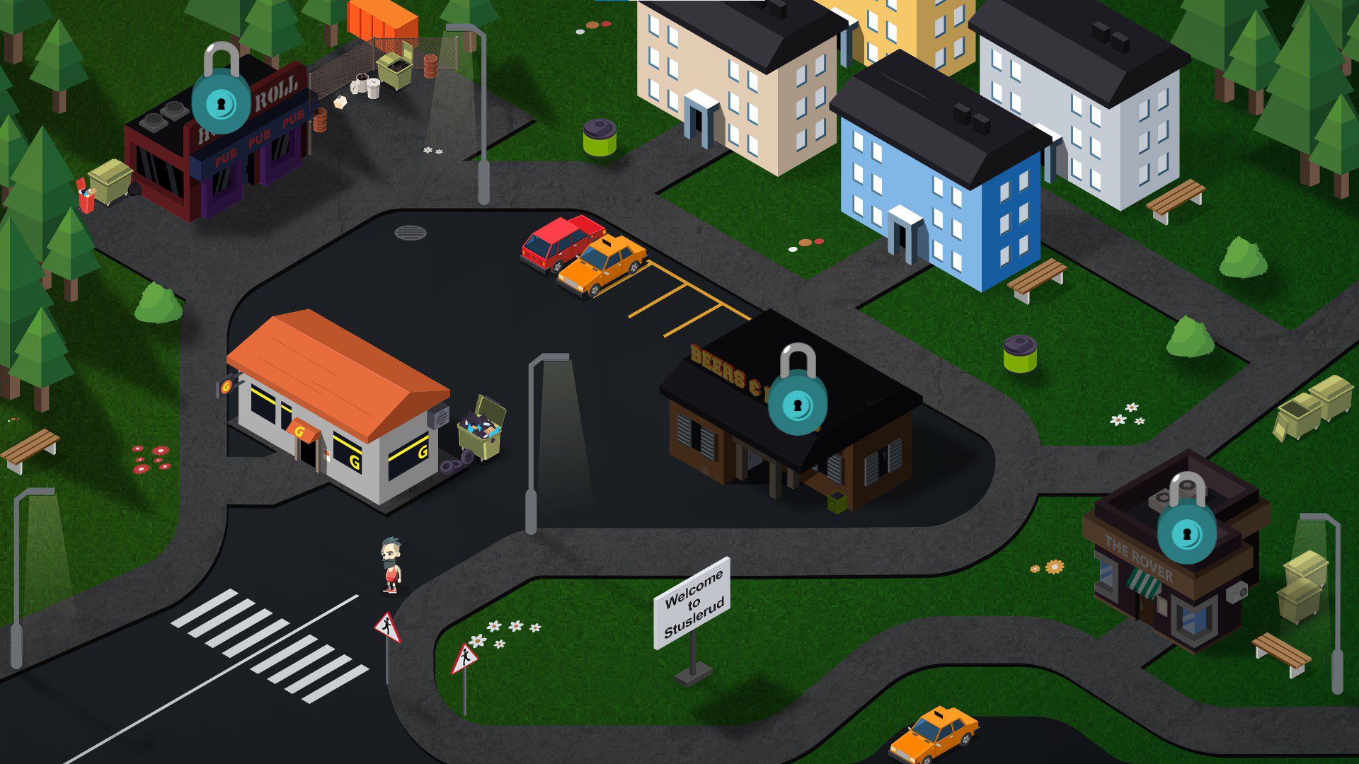 The game's overworld, with four bars to choose from, three of which are locked in the screenshot