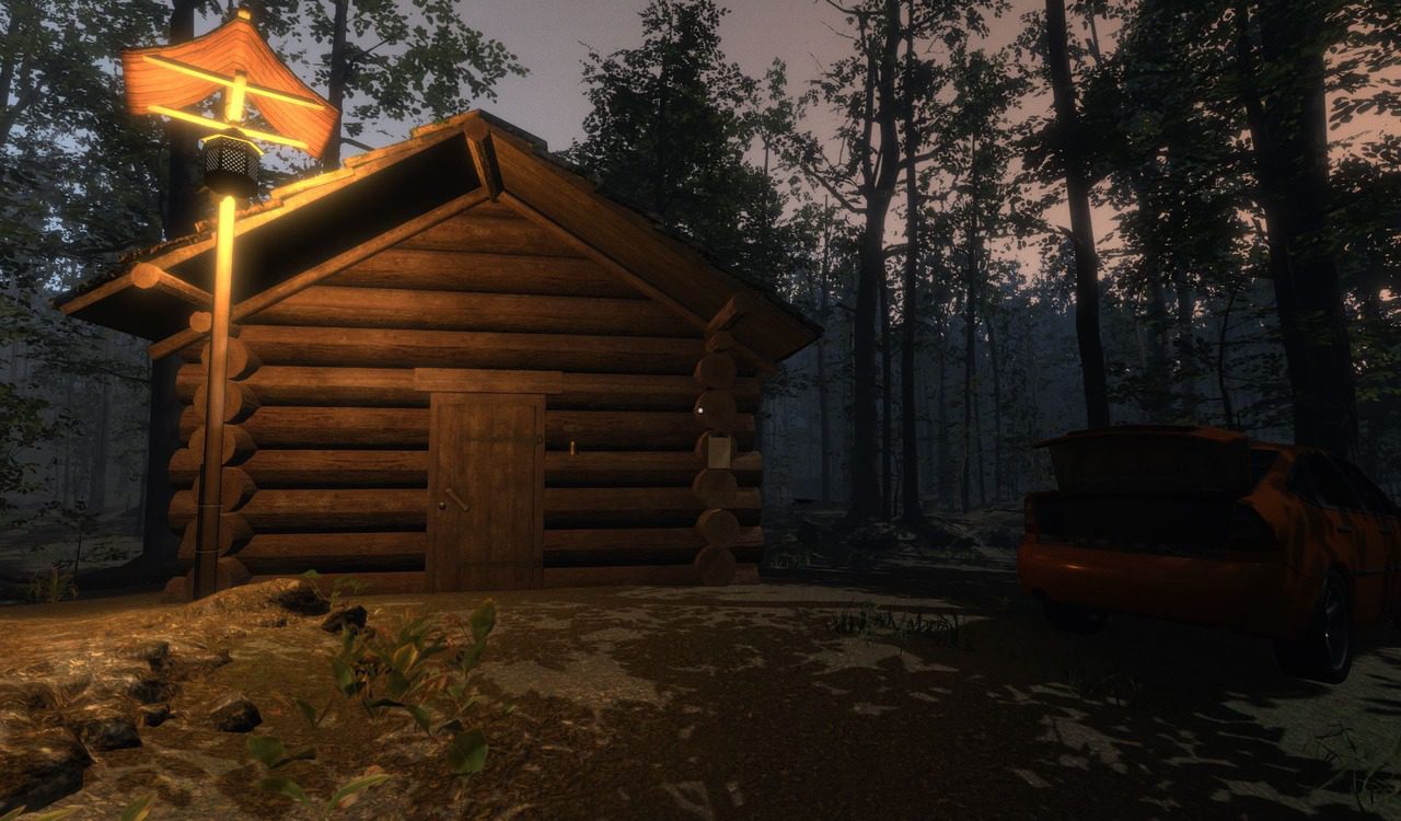 The cabin in the woods when we arrive at the campsite