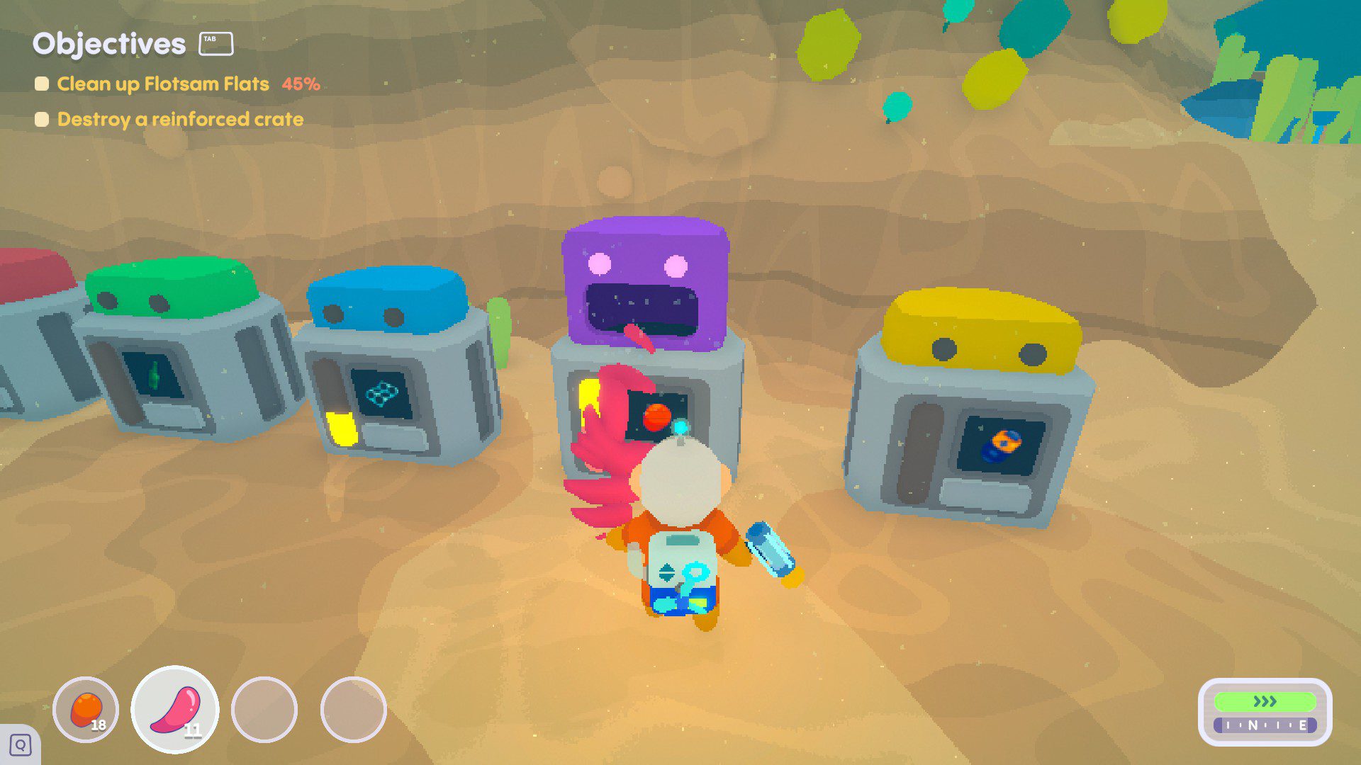 The recycling machine with the appearances of a blocky robot, where the mouth inhales the trash