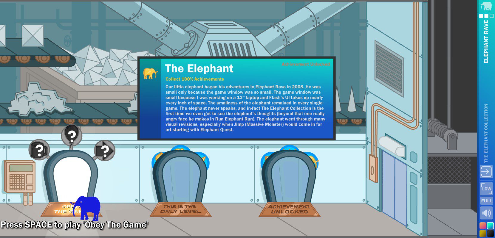A textbox describing the reasons for why the game window was originally so small in Elephant Rave (the creator was working on a smaller laptop where the Flash UI took up nearly every inch of space) and how this collection is the first time we get to hear the Elephant's thoughts, as well as how the Elephant design went through several revisions, especially after Jimp (Massive Monster) would start doing the art.