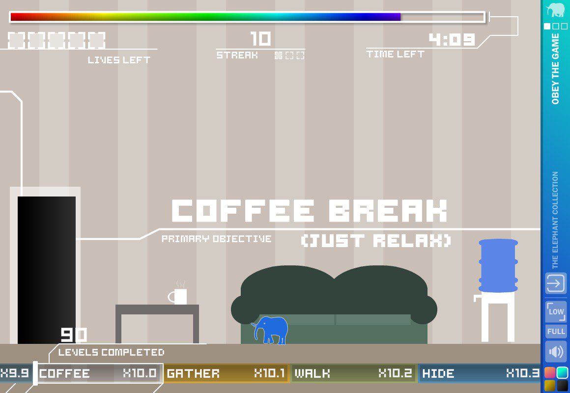 A screenshot from Obey! The Game. A room with the text Coffe Break (Just Relax) inside an office break room