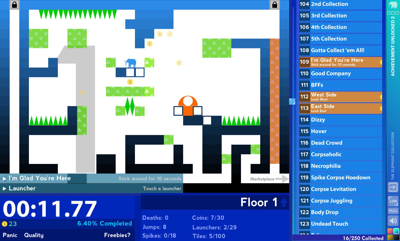 An image frm Achievement Unlocked 2, a room filled with movement boosters, coins and spikes, with the achievement list on the right side of the screen