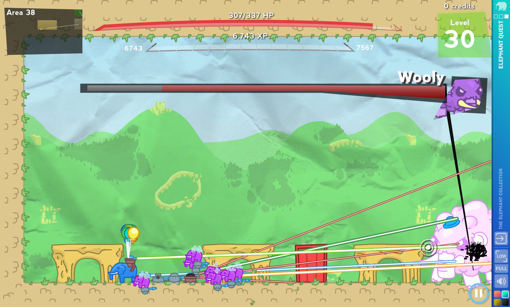 A boss fight against Wooly, the mammoth, from Elephant Quest
