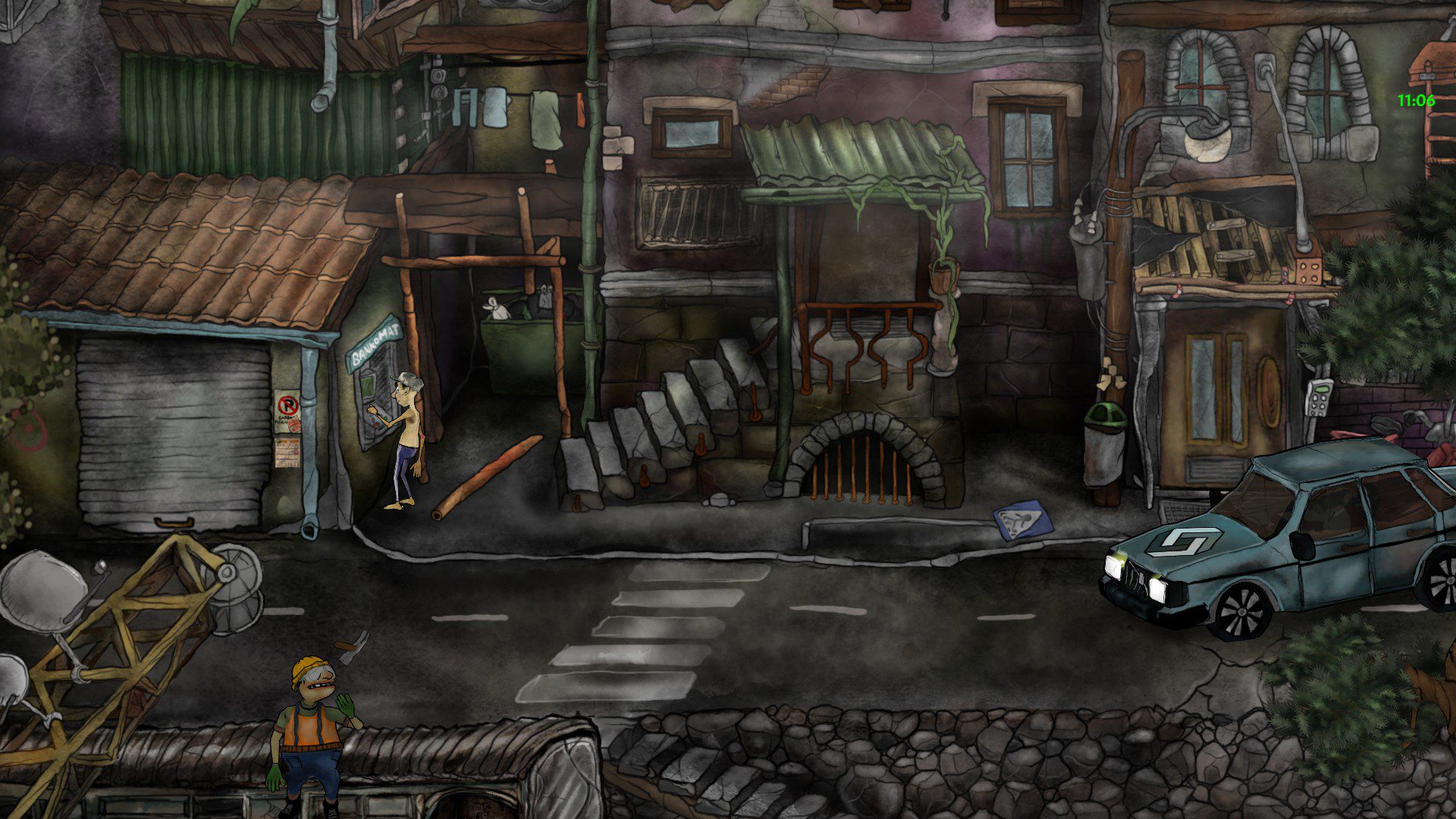 Orten3D2D Ziggy trying to obtain money from an ATM. A worker is sitting at the bottom of the screen, on the roof of his home. A car with a symbol on its hood drives to the right.