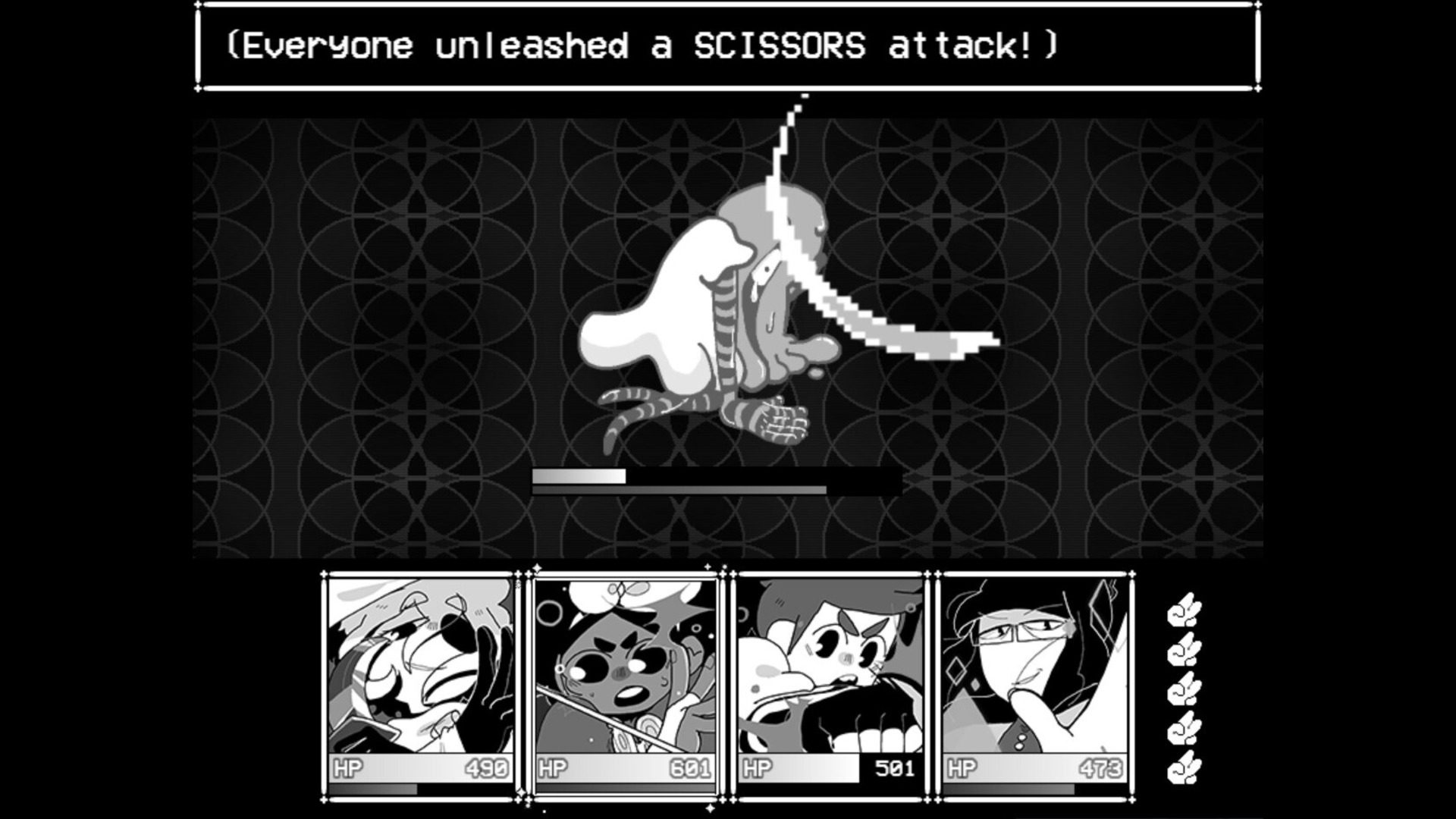 The party using the scissor combo attack on a weird-looking enemy whose hand on the ground is in a palm shape