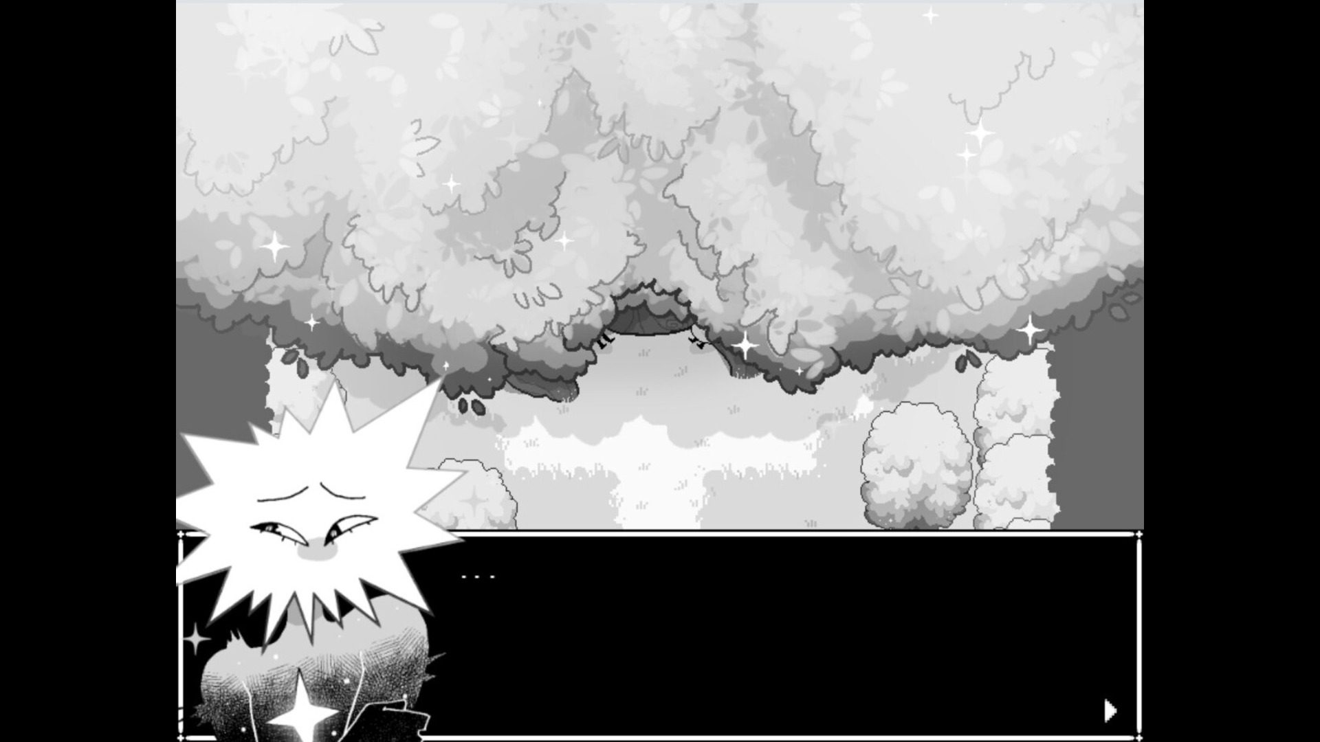 A big tree, under which the star person, pictured in the textbox as just a star with eyes and a body, sits. The text reads "..."