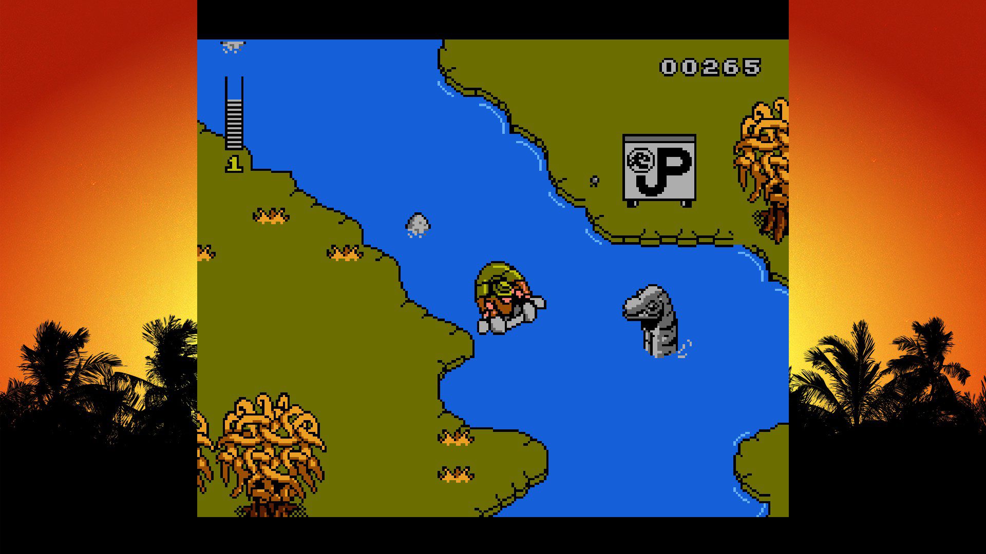 Jurassic Park NES. Swimming up the river in a little boat with a dino head sticking out of the water.