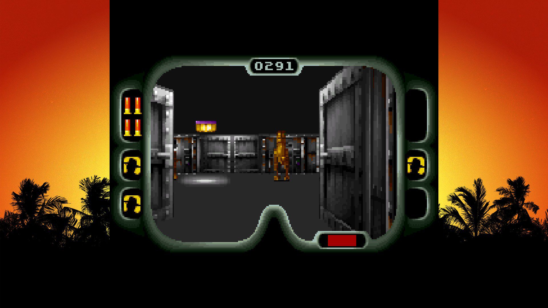 A first-person scene from the SNES Jurassic Park game. A brown velociraptor staring at the player through an open door.