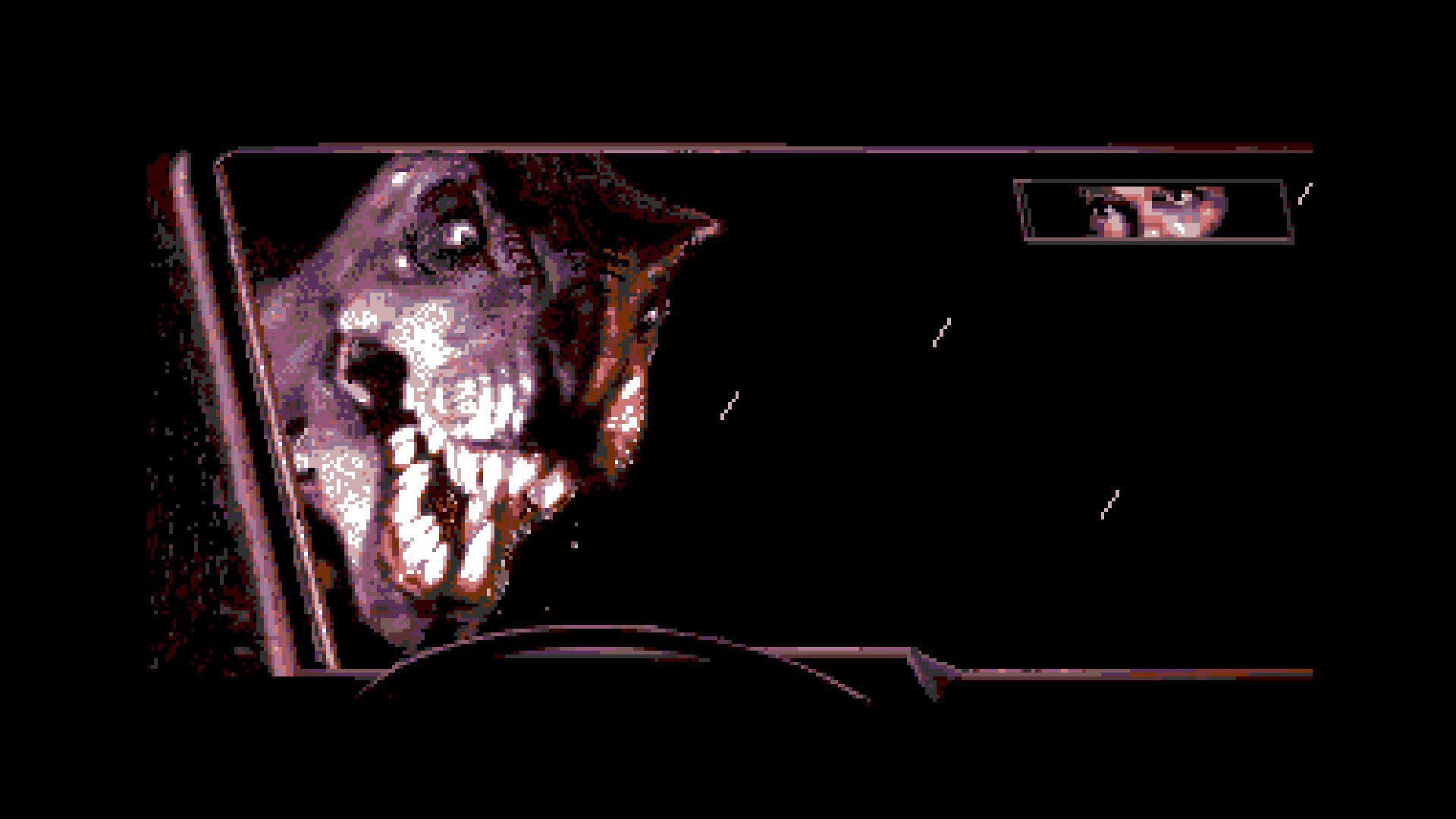 A pixelated dinosaur looking through a pixelated window with a pixelated reflection in Jurassic Park for the Sega Genesis
