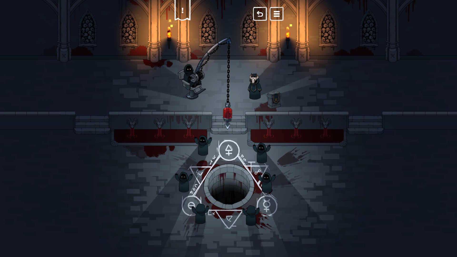 The fishing pole with bloody bait hanging above the fishing hole, one of the cultists sits in a chair holding the pole, others are gathered around the hole