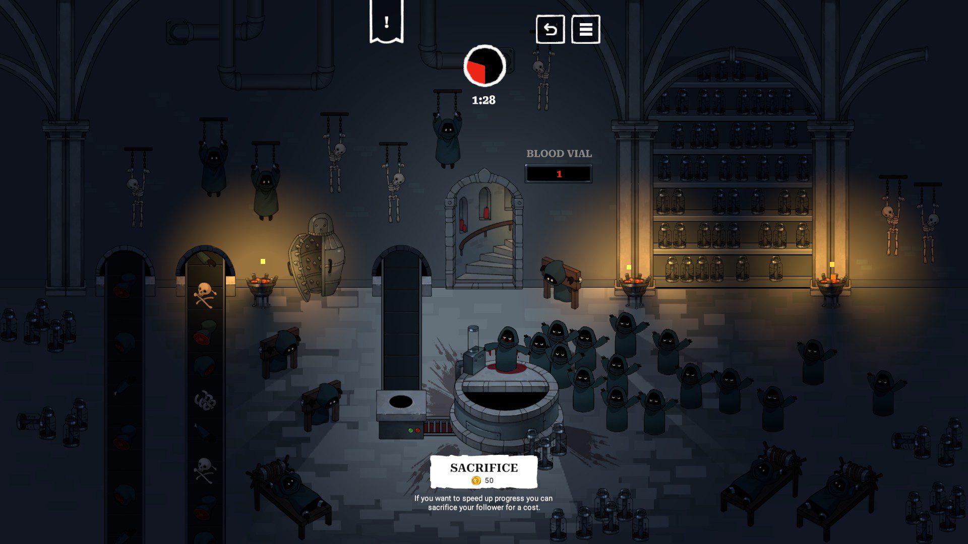 The sacrifice room where one of the cultists is dripping blood into the hole, and after 5 minutes a blood vial is produced. The timer is at the top.