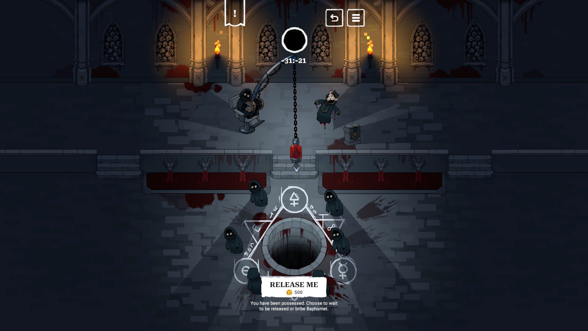 Being possessed by failing to catch anything. The timer on the top is bugged, reading -31 minutes and -21 seconds. A release me button is at the bottom, costing 500 coins
