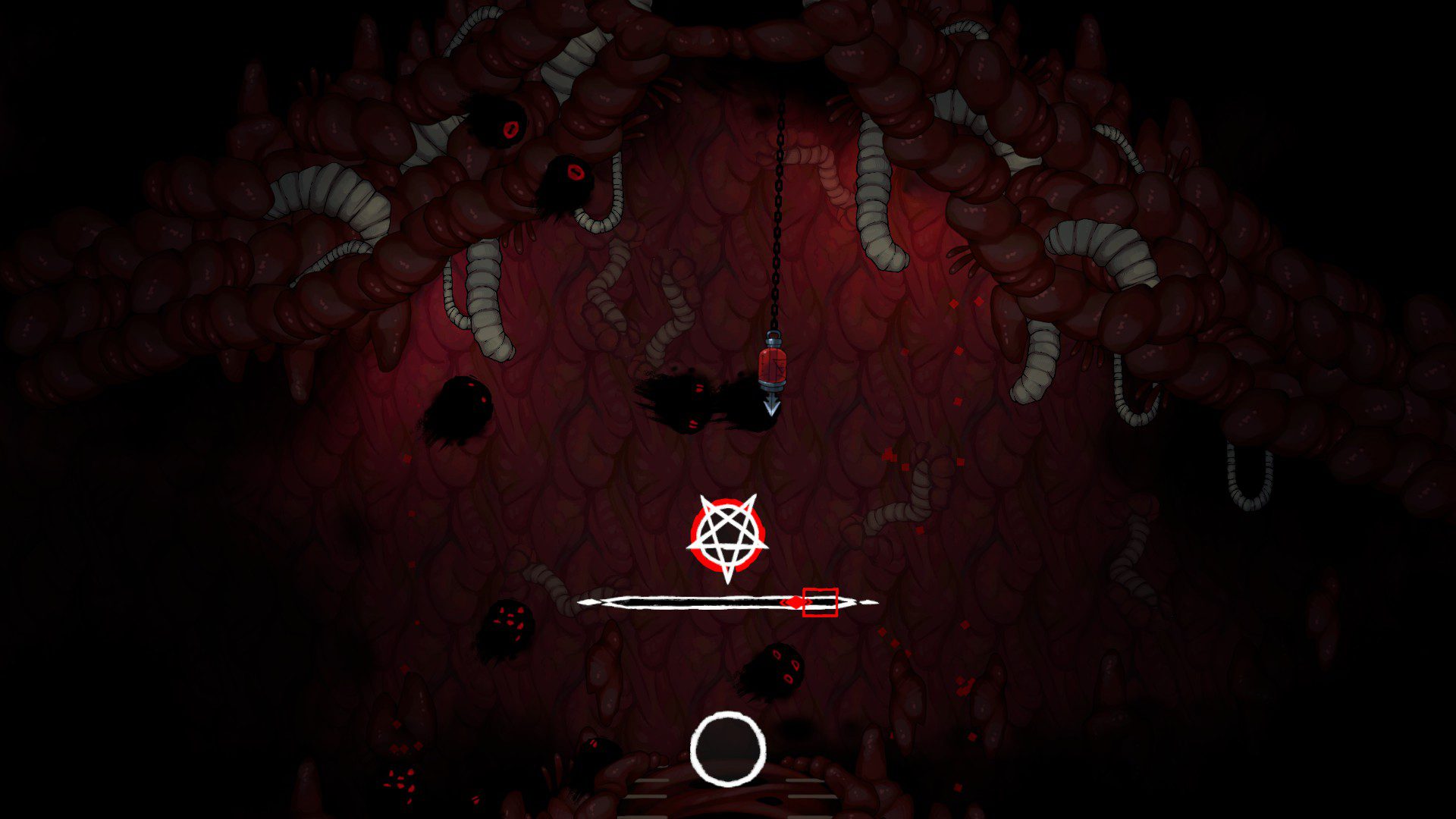 A fishing minigame where the box the player controls by holding down the button and the objects that is meant to be chased slide from left to right. Dark objects fly around.