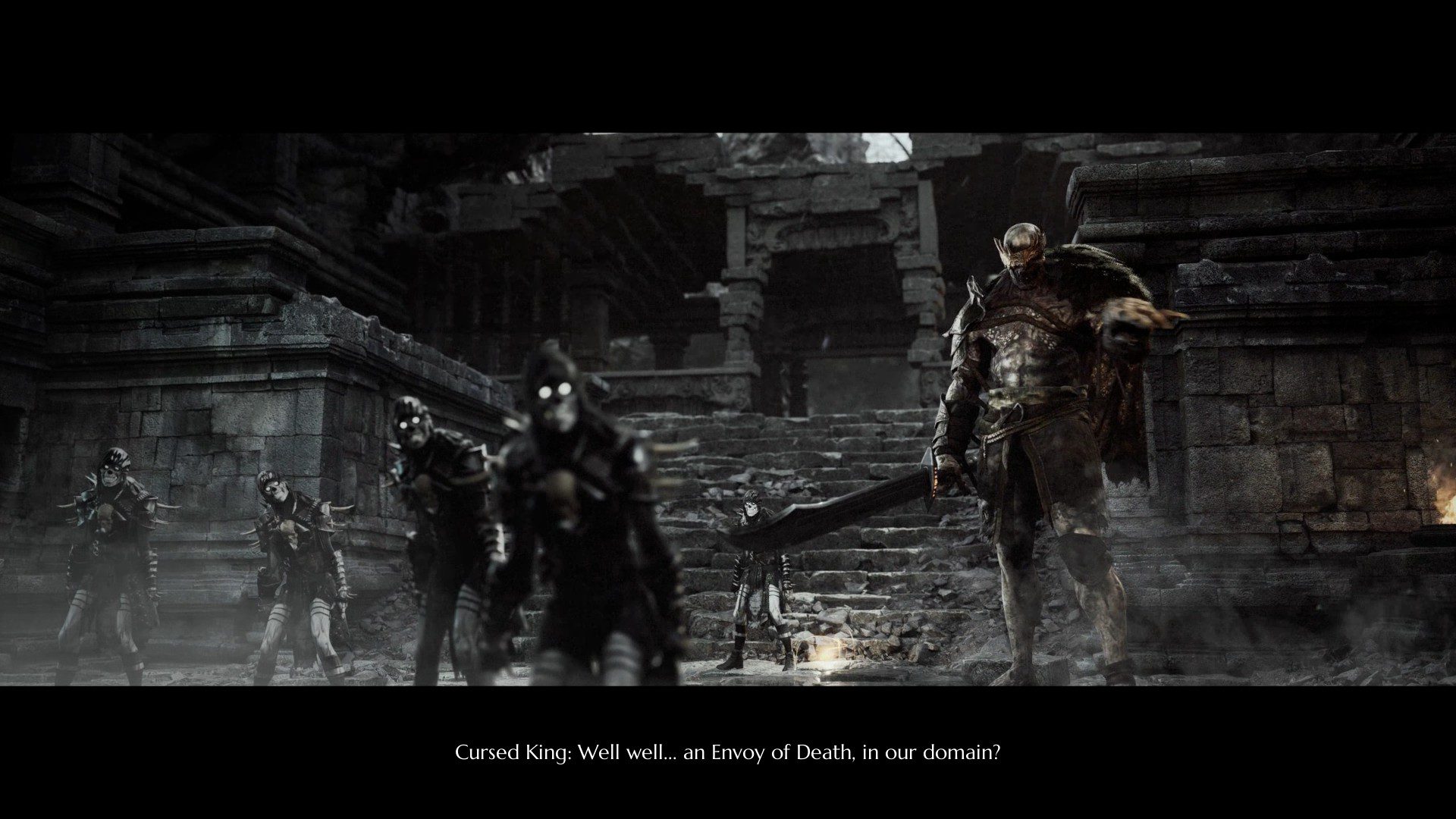 A screenshot from a cutscene with a big king skeleton commandeering smaller skeletons with glowing eyes