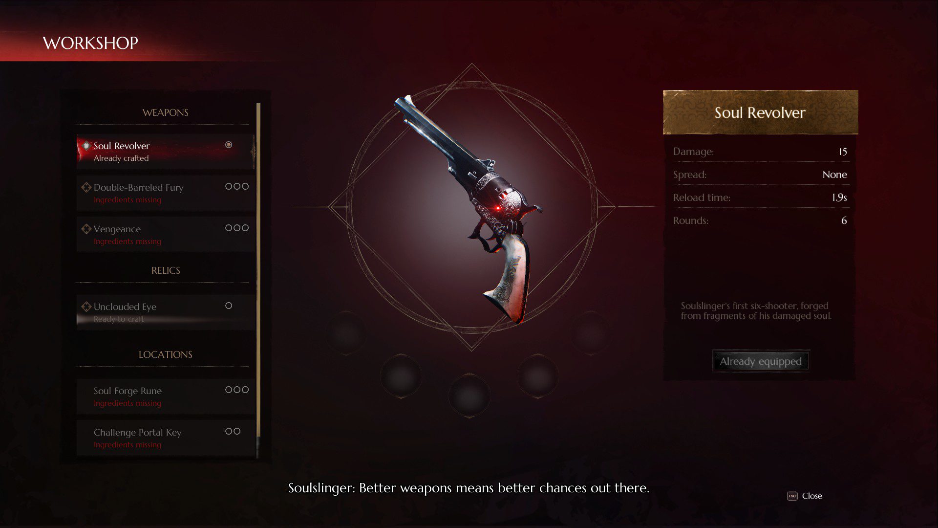 The crafting menu back at the hub, showing two revolvers, shotgun, relics and more permanent upgrades