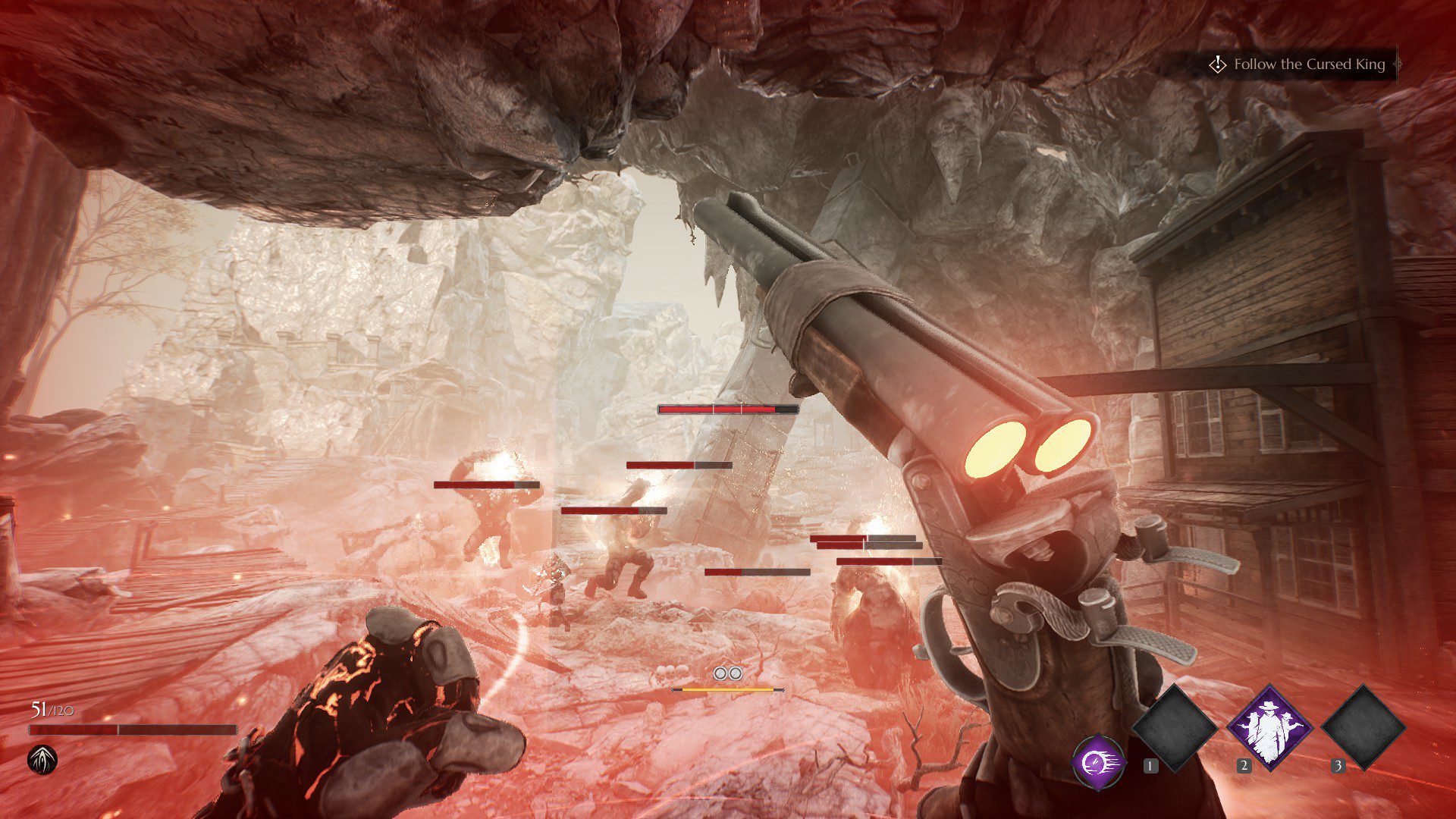 A screenshot where the player is in a red zone that indicates a danger zone. There are many enemy healthbars on the screen as well.