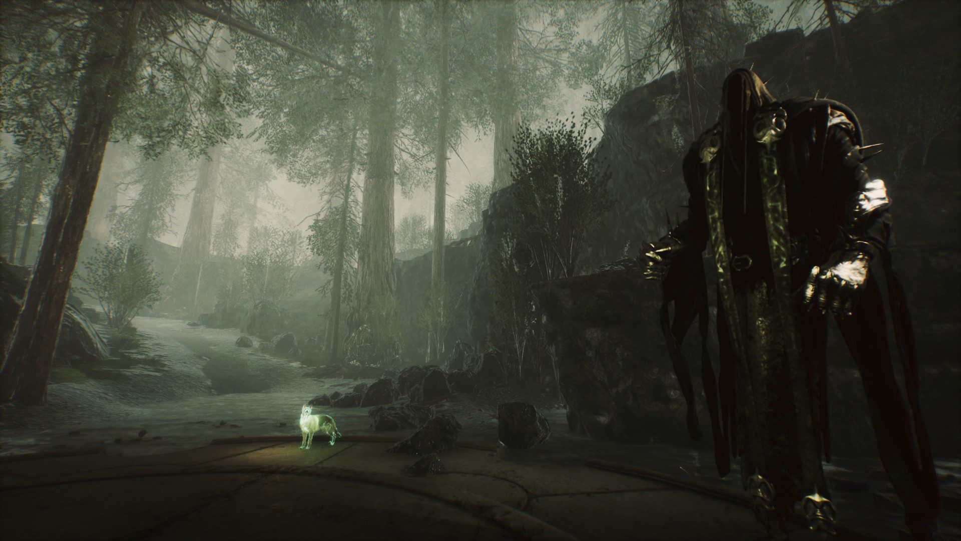 Death and a ghostly dog standing in a pretty-looking forest