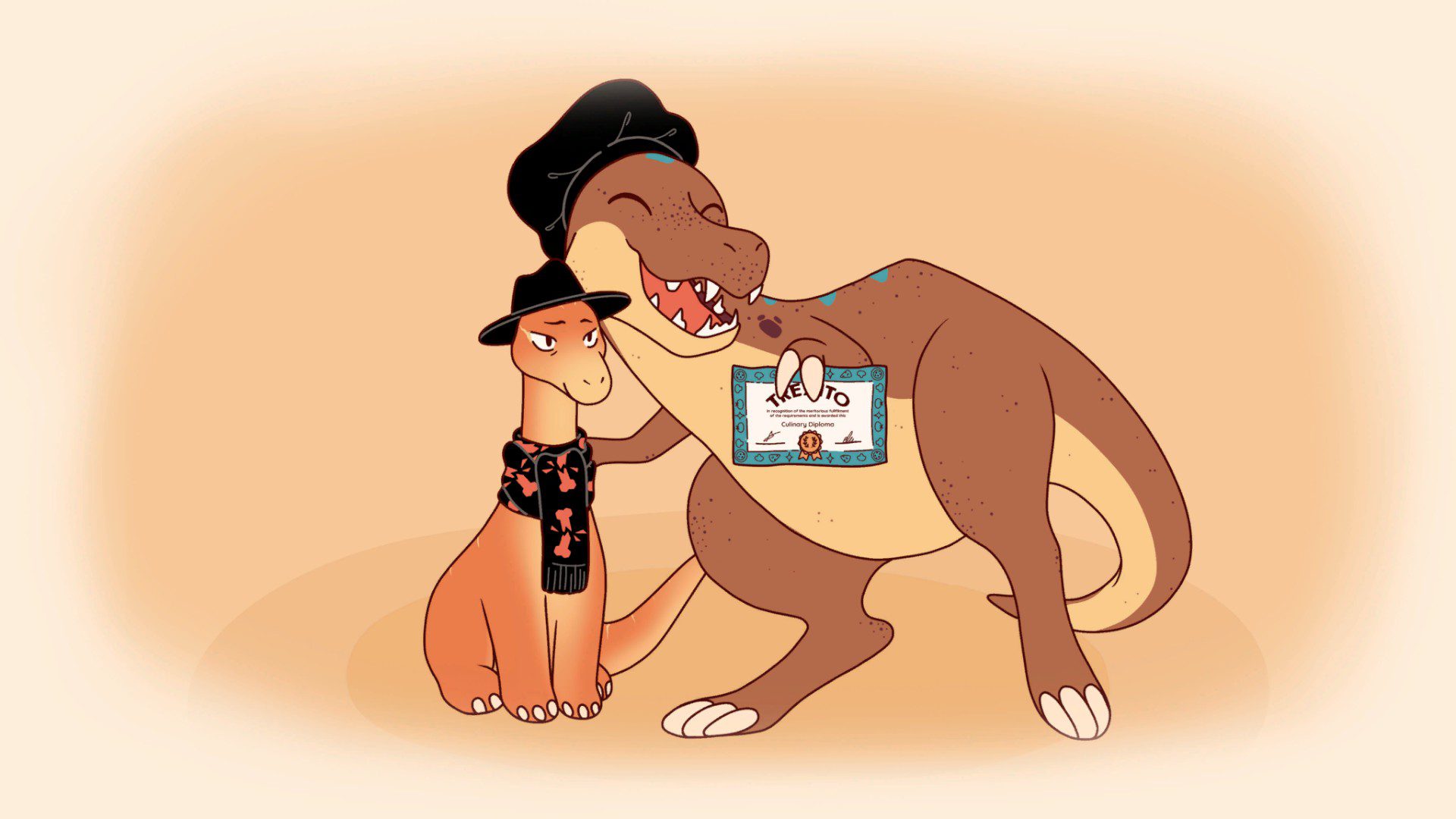 ManKiCute Trexito holding up a cooking diploma while hugging Alpadino