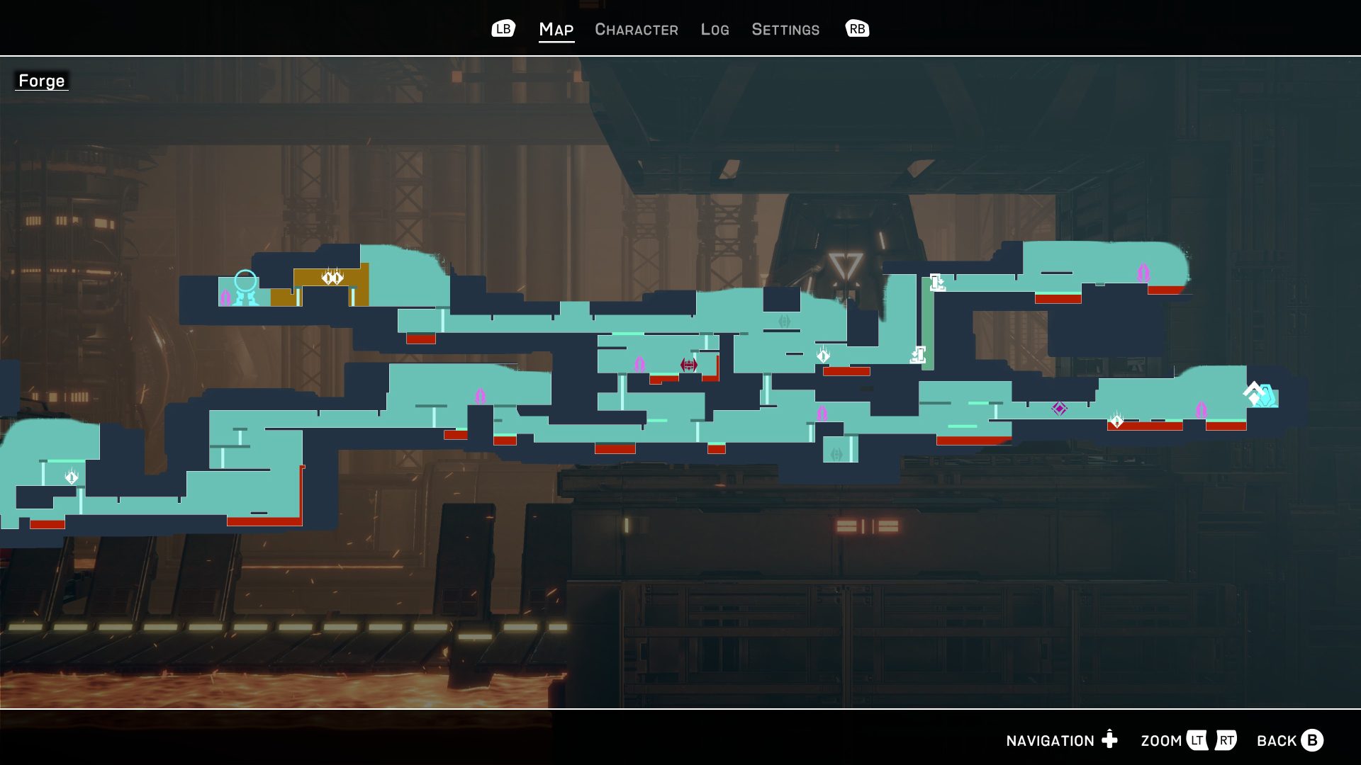 As you explore an area, the map fills in with the layout but also the location of important spots like stores, teleporters, and even items you have left on the ground