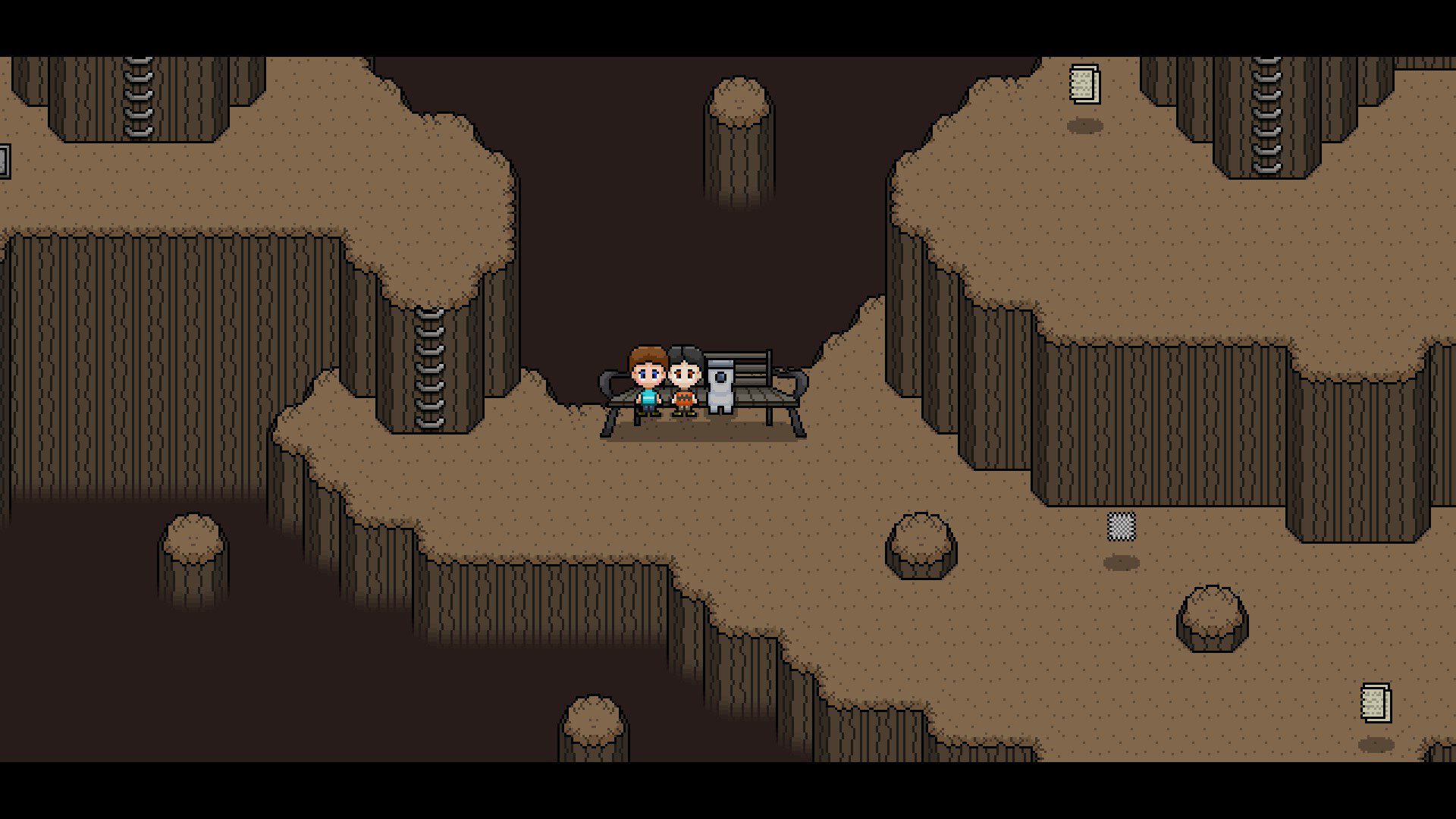 Floating platforms, with the two kids and dog sitting on a bench in the middle of one. Various floating collectibles are around.