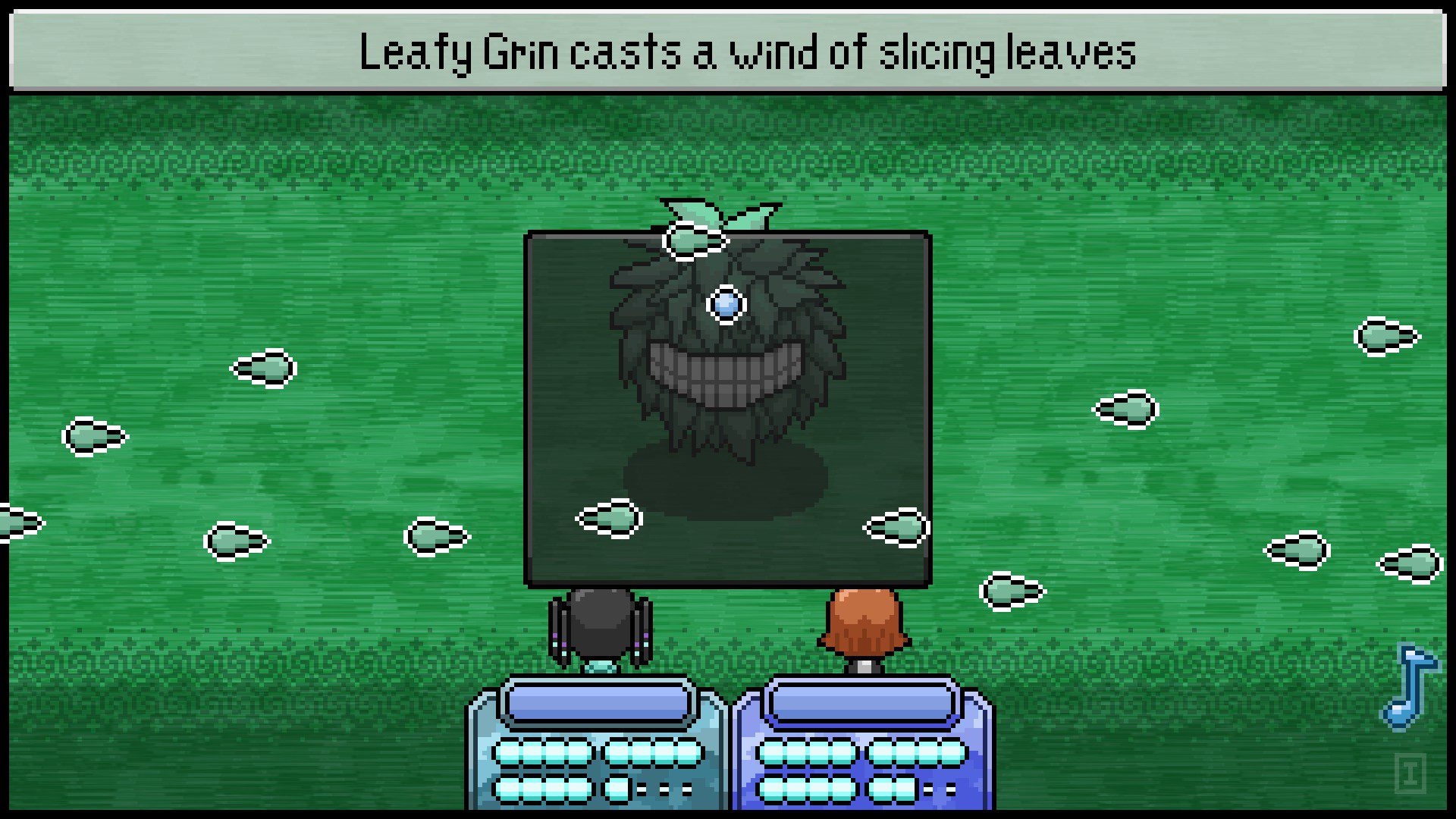 A leafy enemy blowing wind projectiles from left to right inside a box where the player's dot is meant to dodge