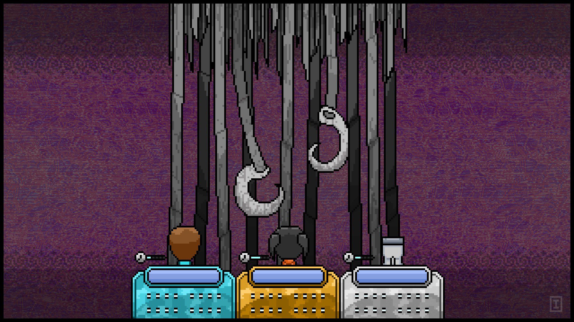 A mess of gray lines and two hooks floating from the top of the screen